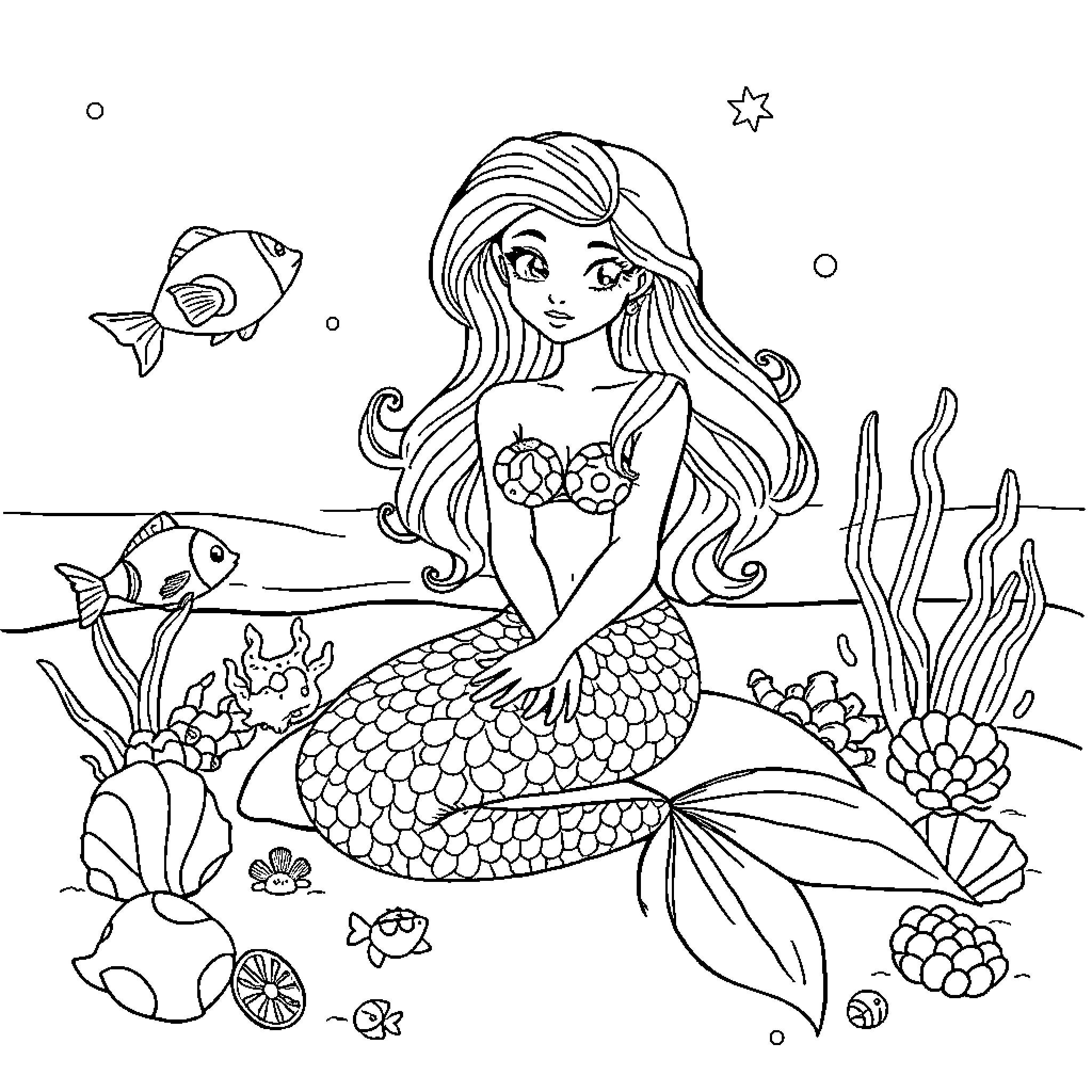 Mermaid exploring the underwater world Coloring Page (free black-and-white line drawing printable PDF for all, from beginners to advanced learners, including children, teens, adults, and seniors)