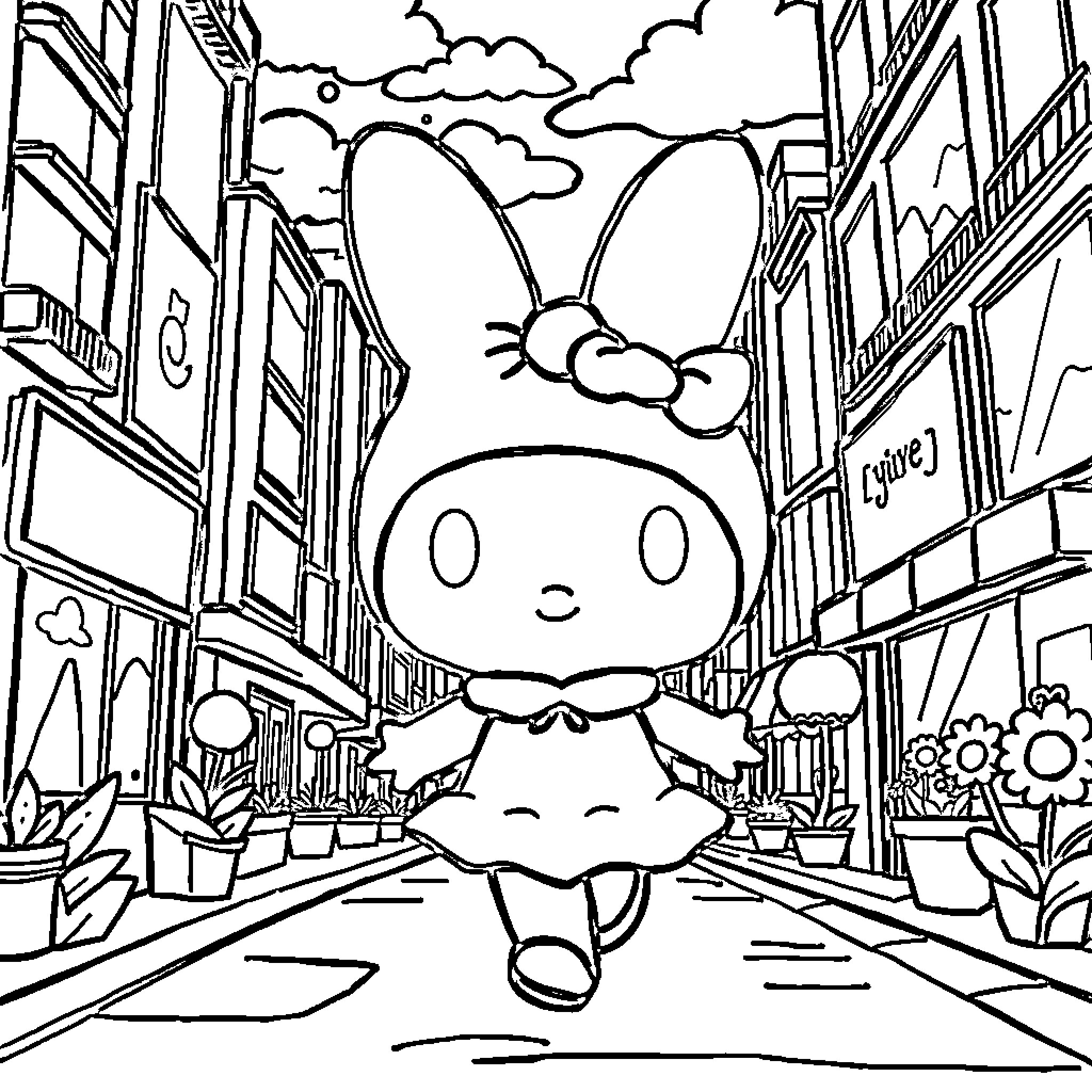 My Melody exploring a charming city street Coloring Page (free black-and-white line drawing printable PDF for all, from beginners to advanced learners, including children, teens, adults, and seniors)