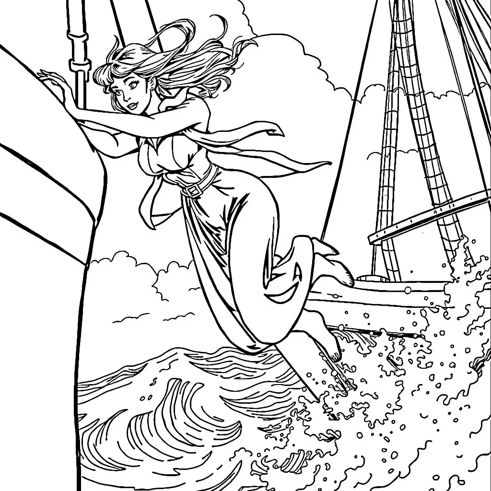Enola Holmes embarking on a thrilling adventure at sea Coloring Page (free black-and-white line drawing printable PDF for all, from beginners to advanced learners, including children, teens, adults, and seniors)