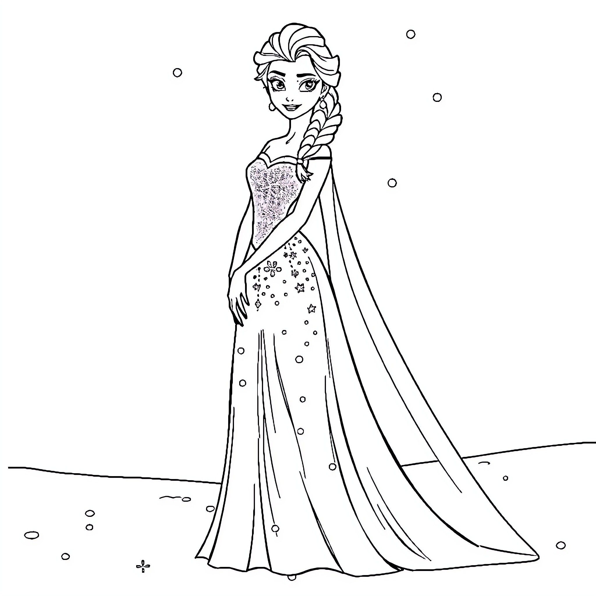 Princess Elsa in a beautiful snow-themed gown Coloring Page (free black-and-white line drawing printable PDF for all, from beginners to advanced learners, including children, teens, adults, and seniors)