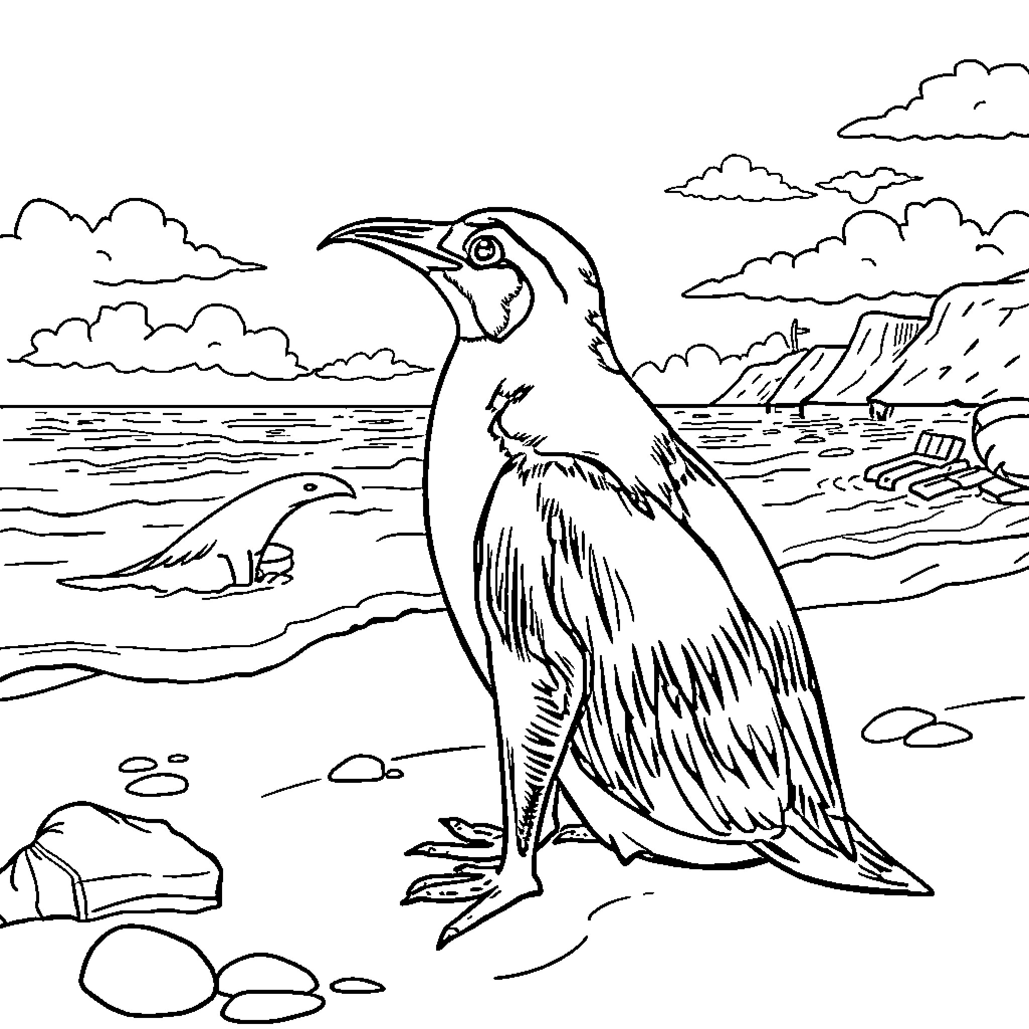 Paw Patrol Penguin Playing by the Seashore Coloring Page (free black-and-white line drawing printable PDF for all, from beginners to advanced learners, including children, teens, adults, and seniors)