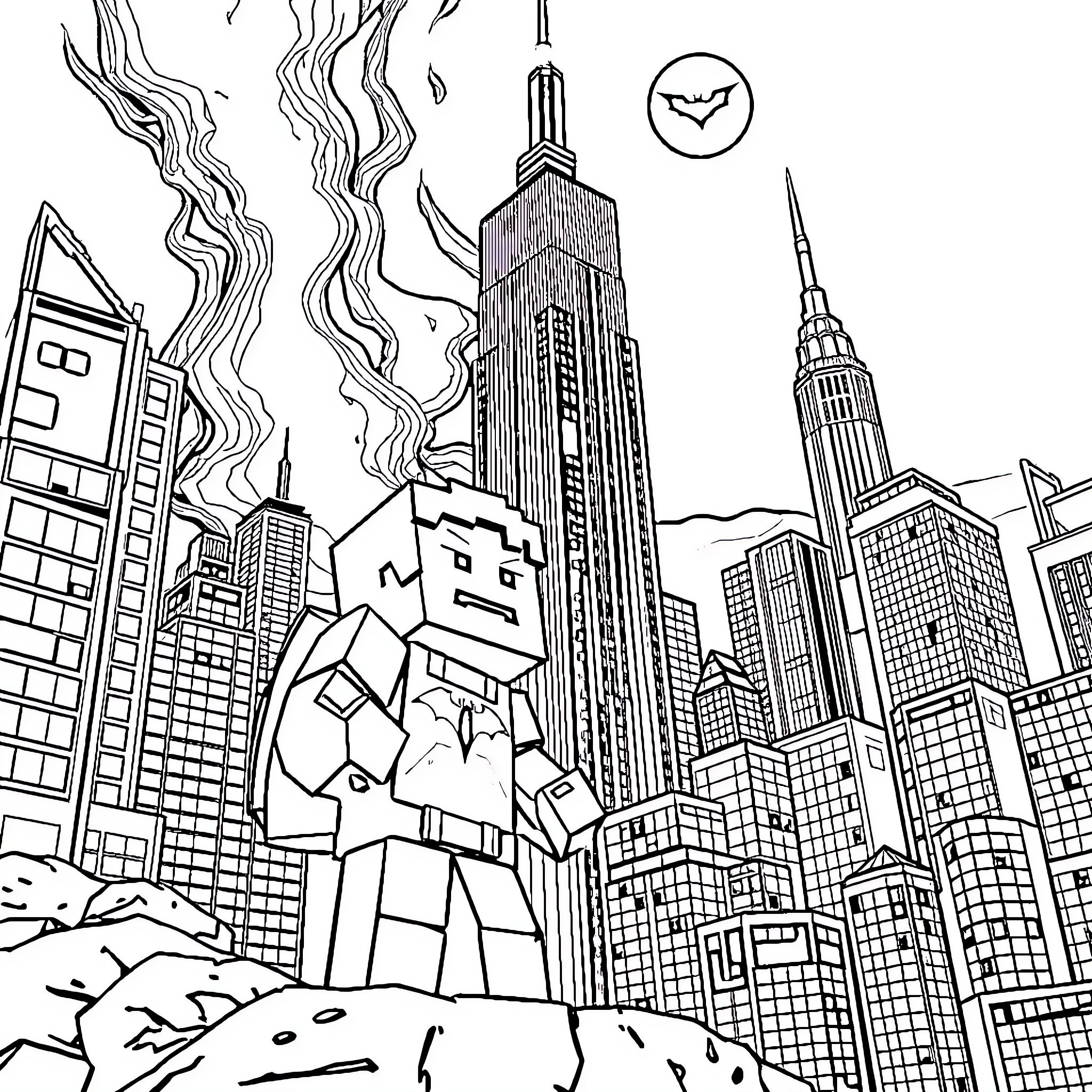 Steve's Cityscape Adventure Coloring Page (free black-and-white line drawing printable PDF for all, from beginners to advanced learners, including children, teens, adults, and seniors)