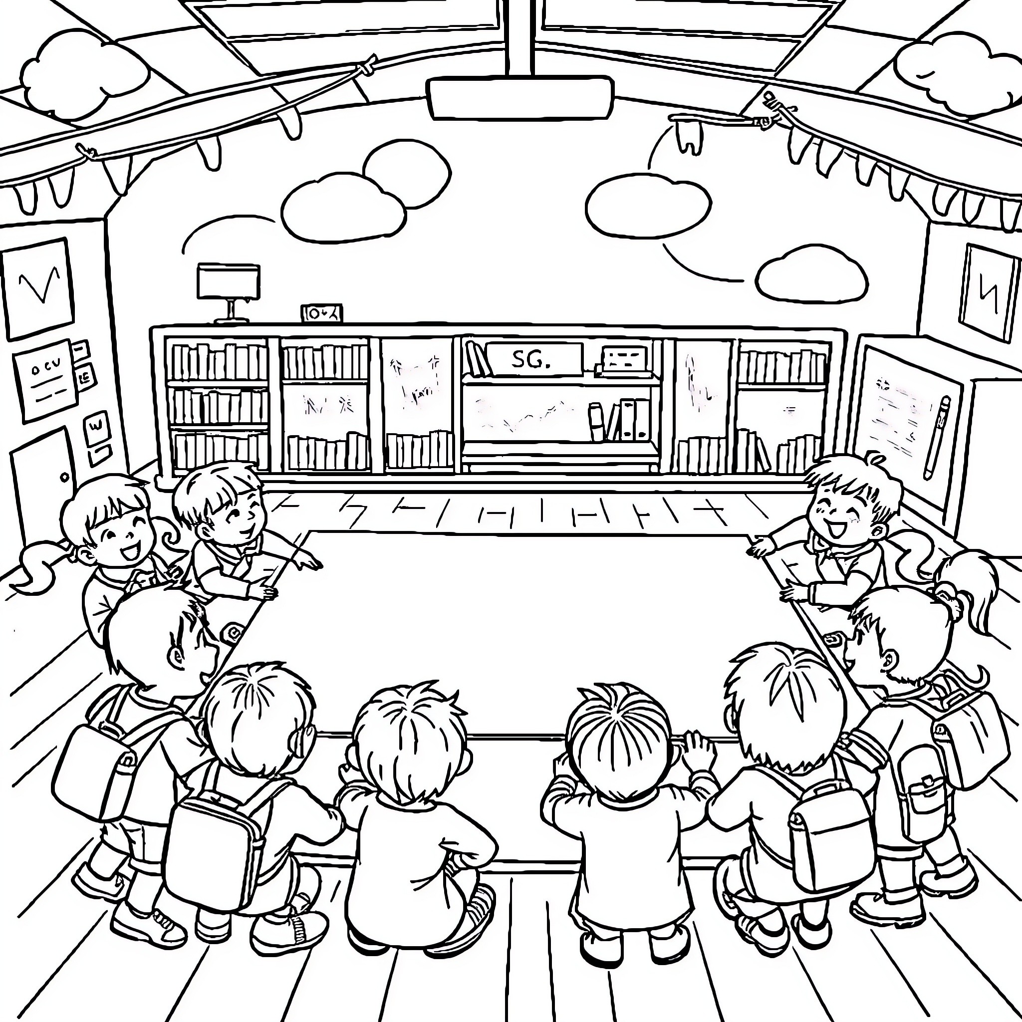 School students learning together in the classroom Coloring Page (free black-and-white line drawing printable PDF for all, from beginners to advanced learners, including children, teens, adults, and seniors)