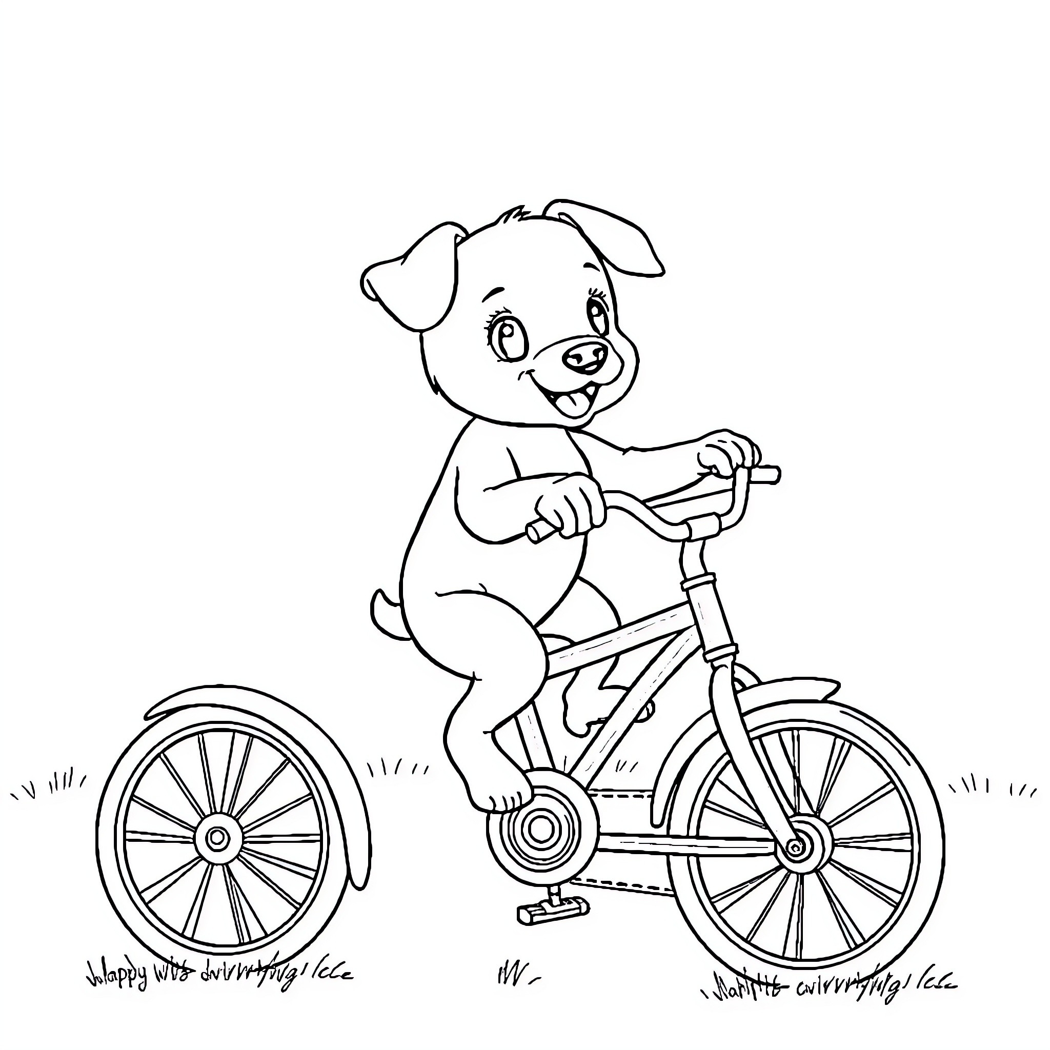 Puppy riding a bicycle happily Coloring Page (free black-and-white line drawing printable PDF for all, from beginners to advanced learners, including children, teens, adults, and seniors)