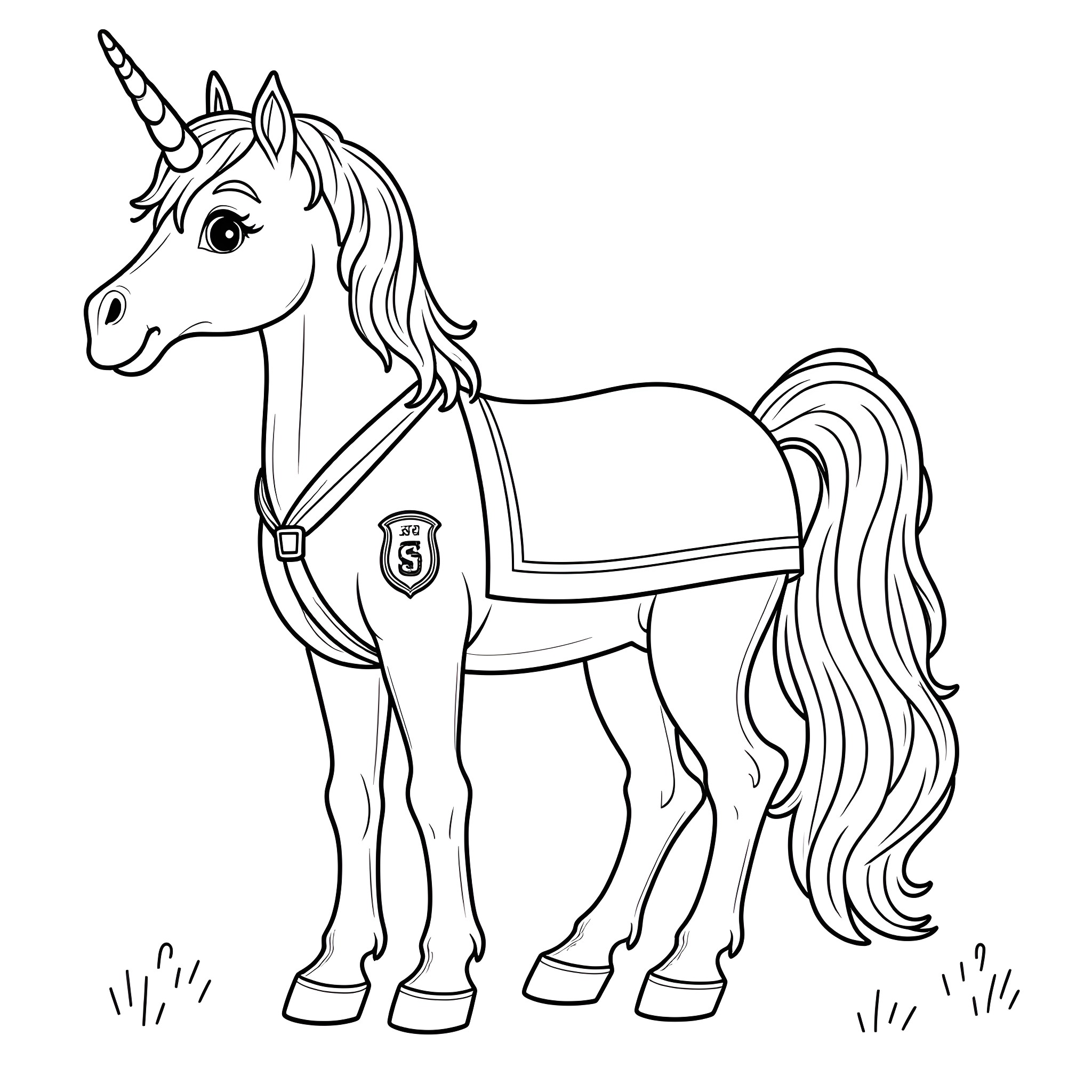 Unicorn with decorative harness standing in field Coloring Page (free black-and-white line drawing printable PDF for all, from beginners to advanced learners, including children, teens, adults, and seniors)