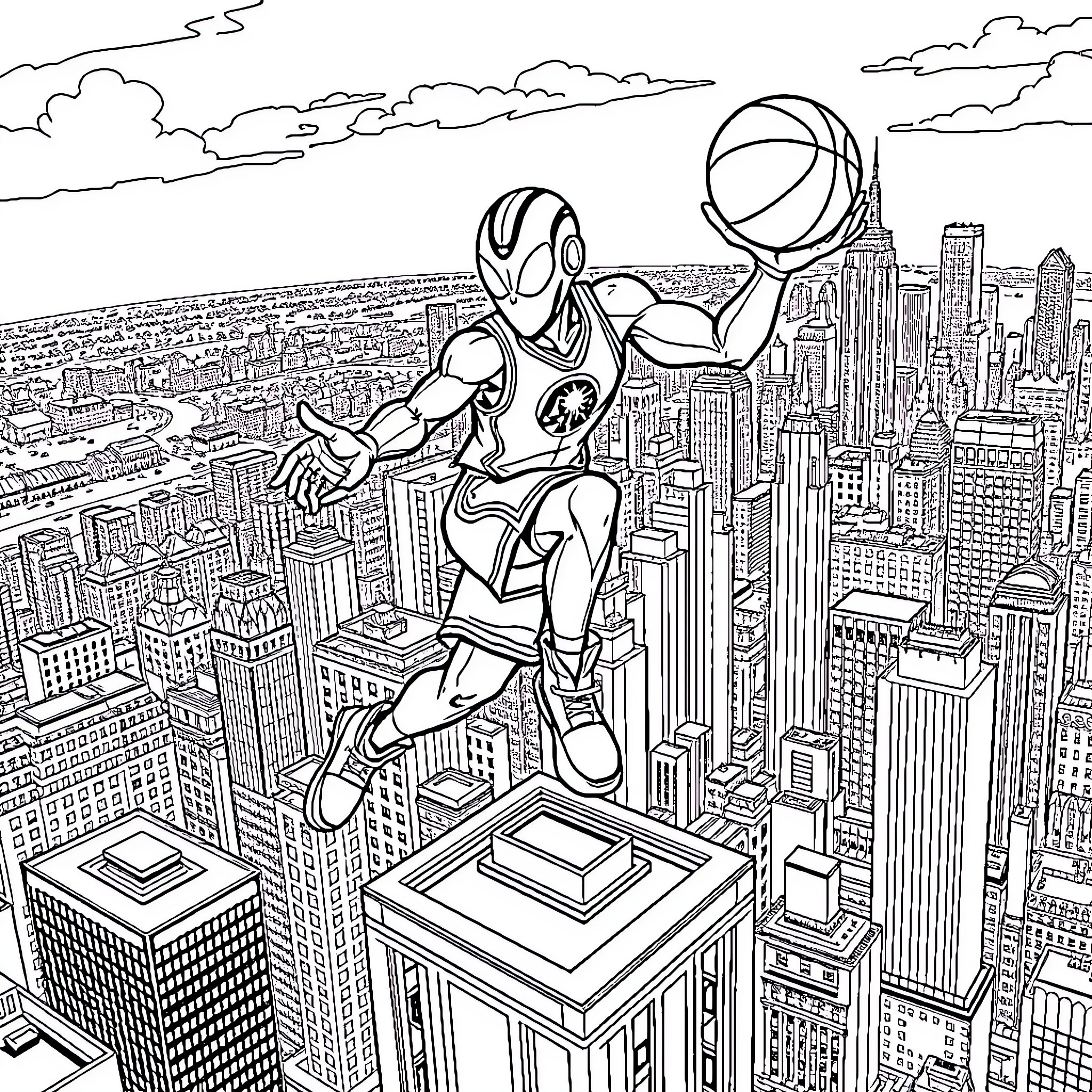 Mettaton EX soaring above the city skyline Coloring Page (free black-and-white line drawing printable PDF for all, from beginners to advanced learners, including children, teens, adults, and seniors)