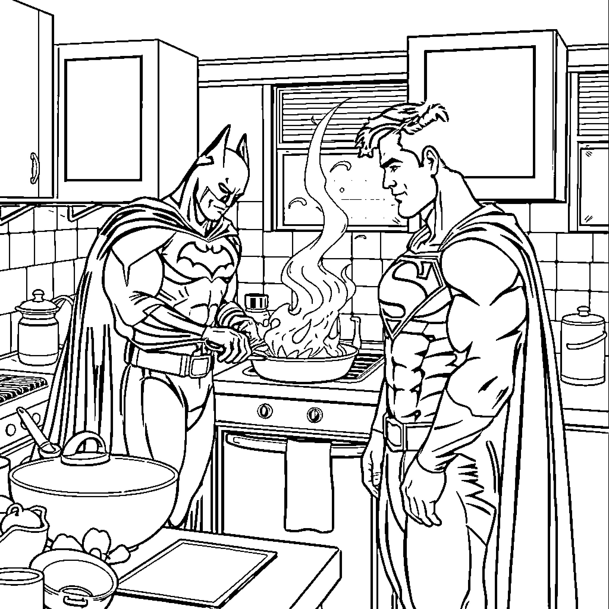 Batman and Superman Cooking Together in the Kitchen Coloring Page (free black-and-white line drawing printable PDF for all, from beginners to advanced learners, including children, teens, adults, and seniors)