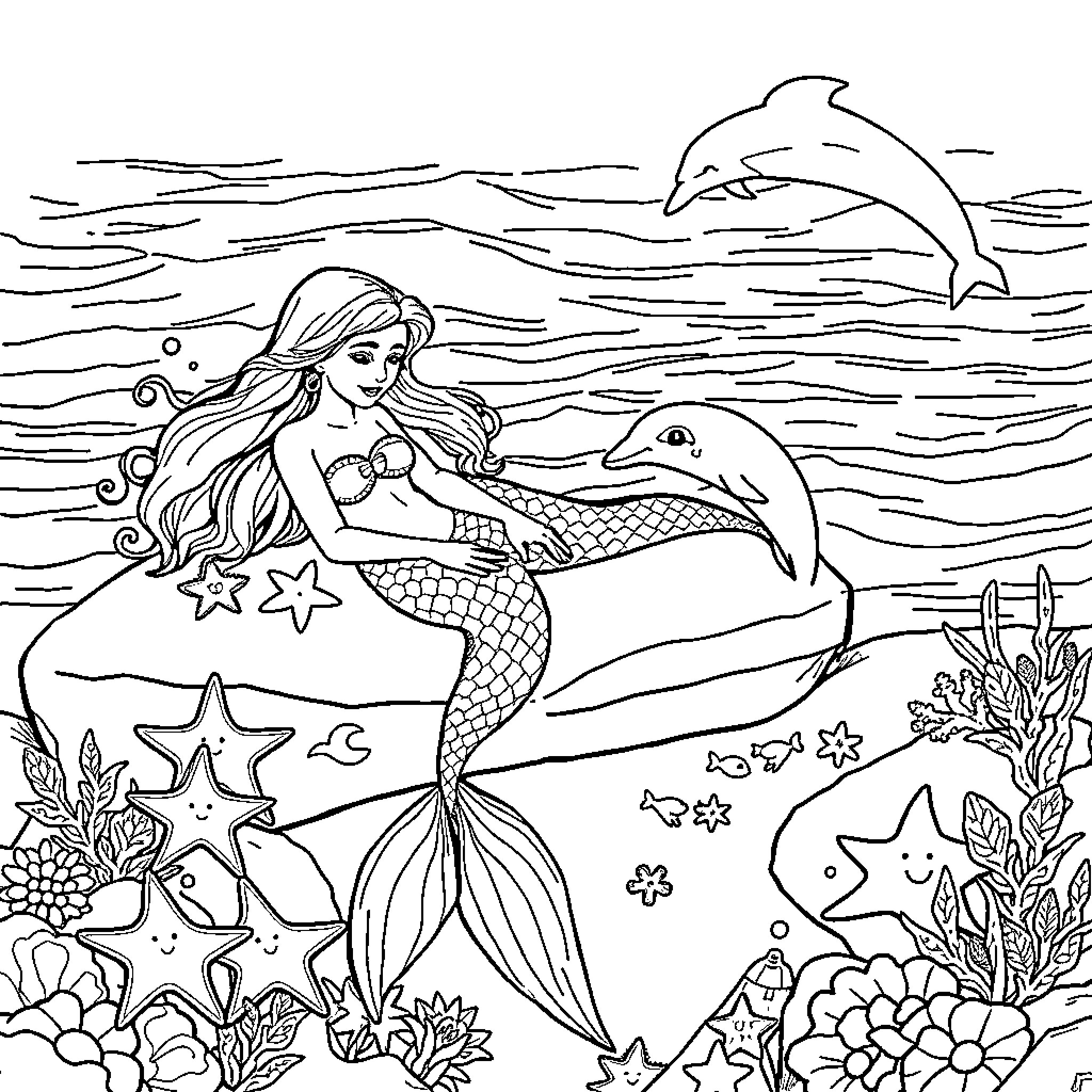 Mermaid surrounded by marine life and ocean scenery Coloring Page (free black-and-white line drawing printable PDF for all, from beginners to advanced learners, including children, teens, adults, and seniors)