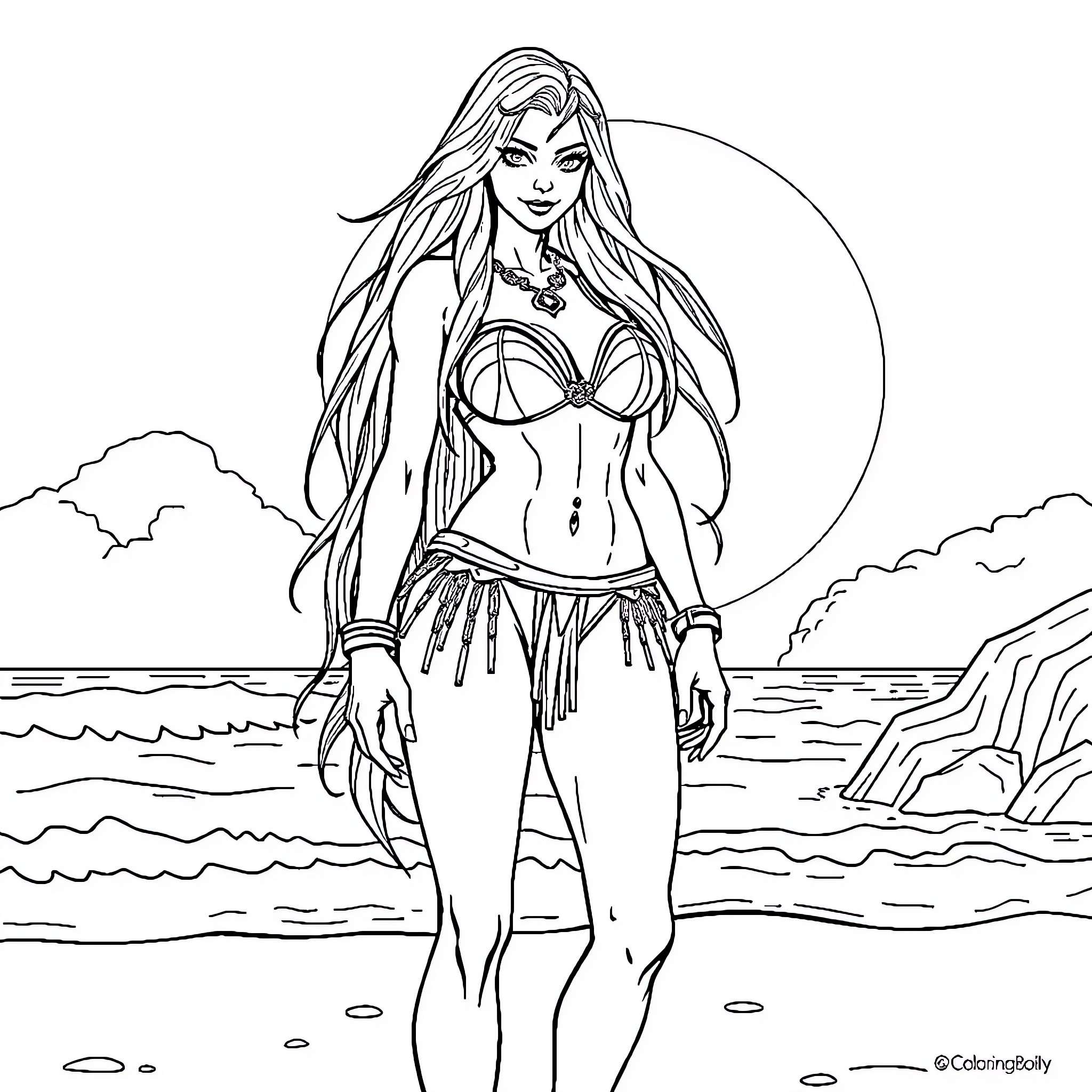 Sylvanas Windrunner in Fierce Attire by the Shoreline Coloring Page (free black-and-white line drawing printable PDF for all, from beginners to advanced learners, including children, teens, adults, and seniors)