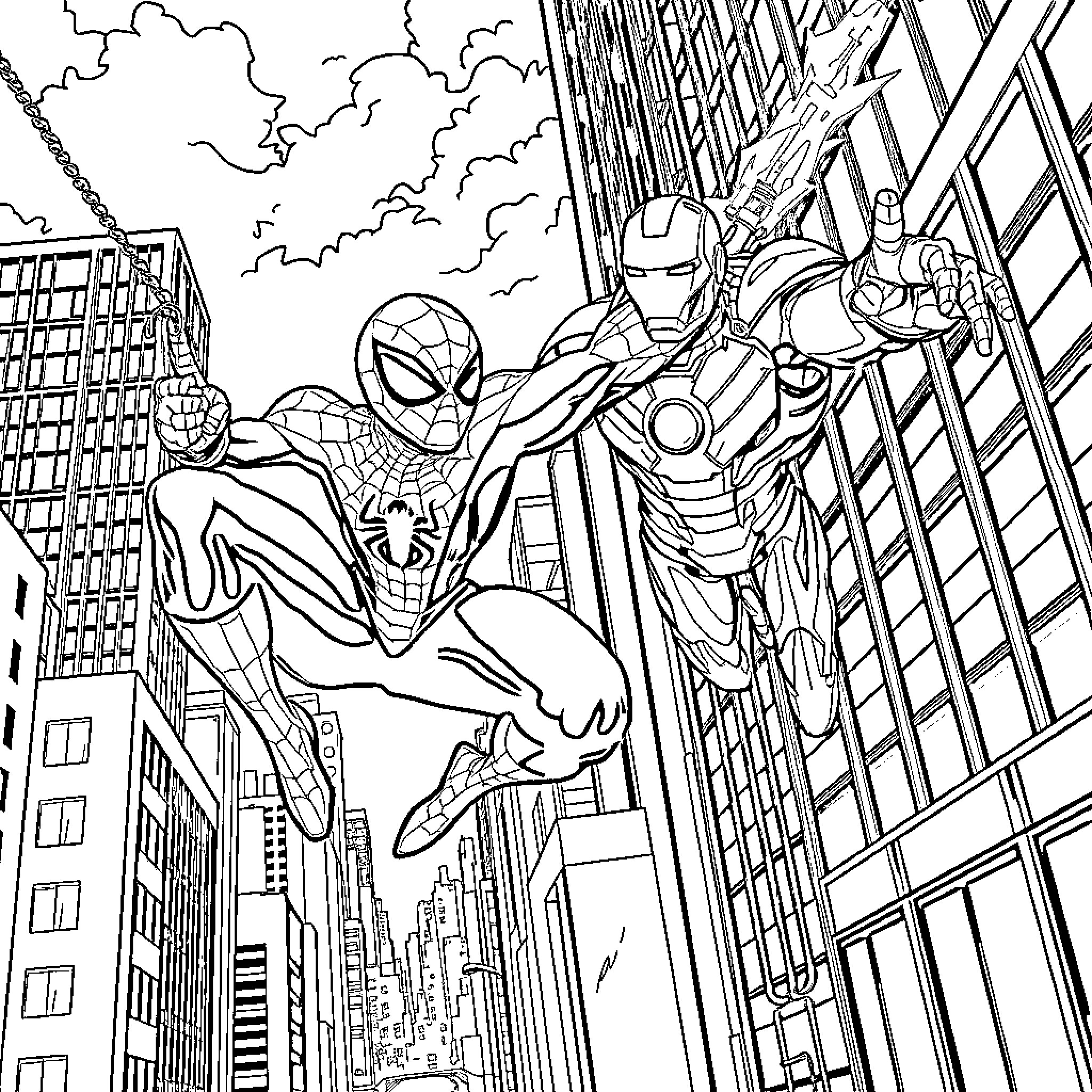 Spider-Man and Iron Man teaming up to save the city Coloring Page (free black-and-white line drawing printable PDF for all, from beginners to advanced learners, including children, teens, adults, and seniors)