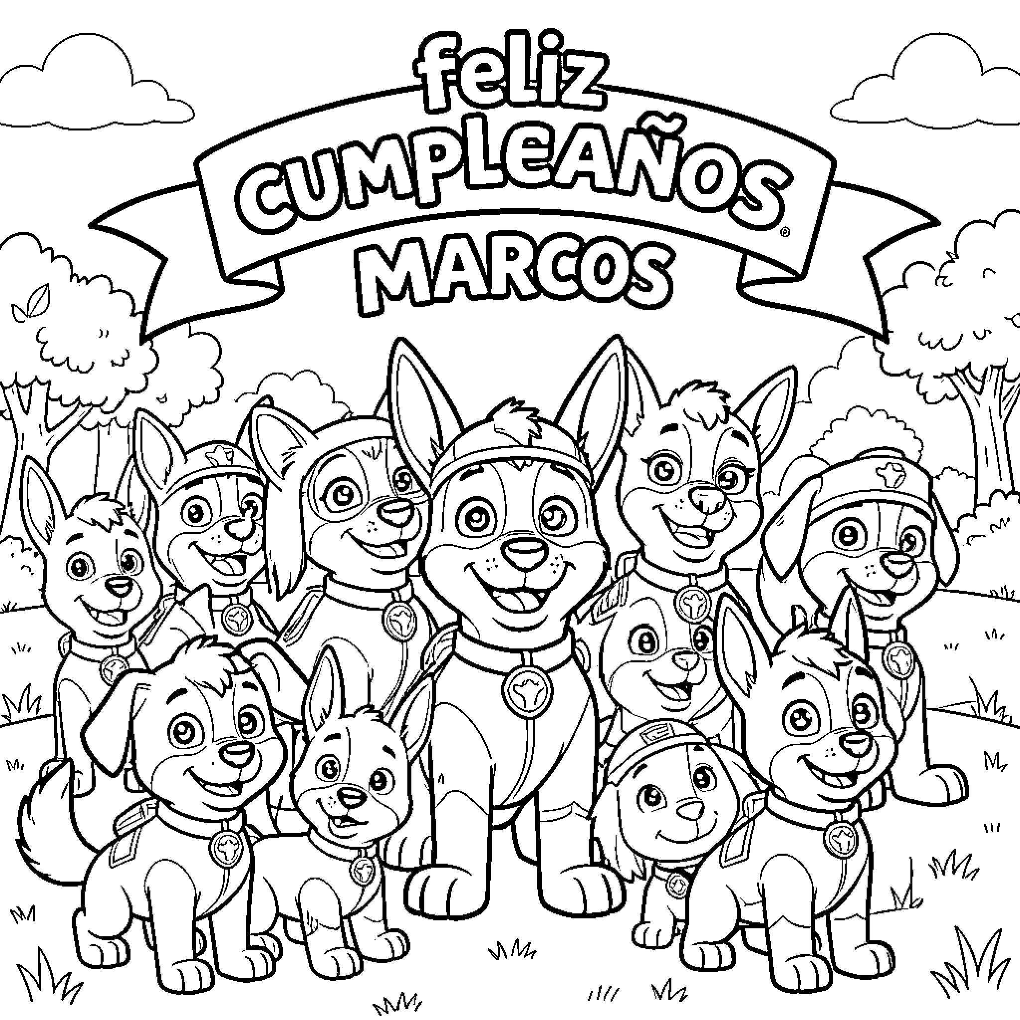 Paw Patrol characters celebrating a birthday together Coloring Page (free black-and-white line drawing printable PDF for all, from beginners to advanced learners, including children, teens, adults, and seniors)