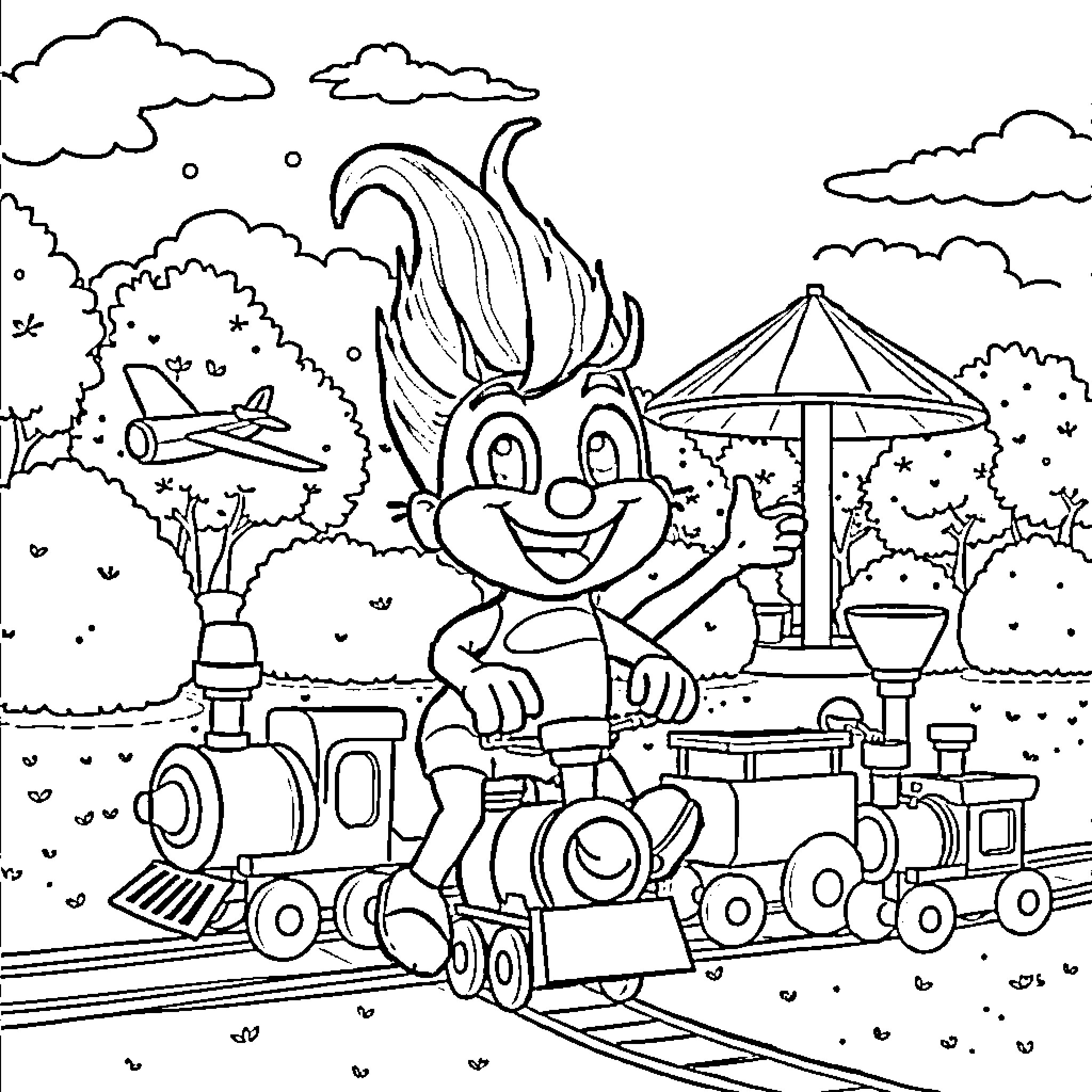 Clown riding a joyful train through a whimsical park Coloring Page (free black-and-white line drawing printable PDF for all, from beginners to advanced learners, including children, teens, adults, and seniors)