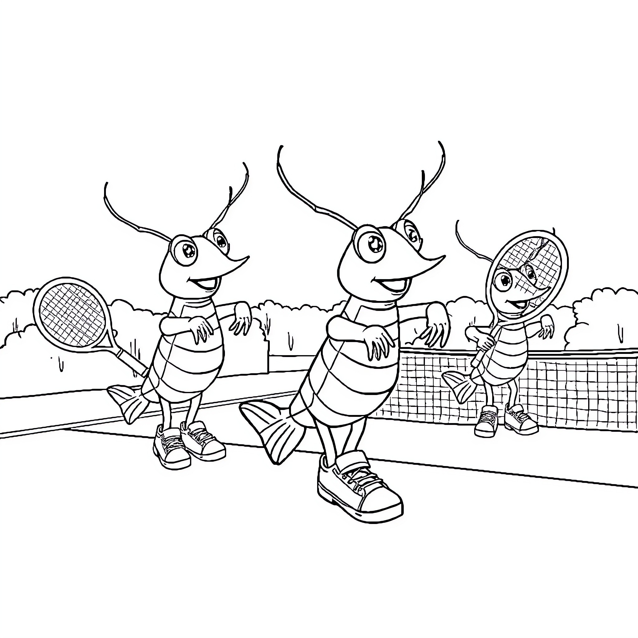 Shrimp playing tennis with friends on the court Coloring Page (free black-and-white line drawing printable PDF for all, from beginners to advanced learners, including children, teens, adults, and seniors)