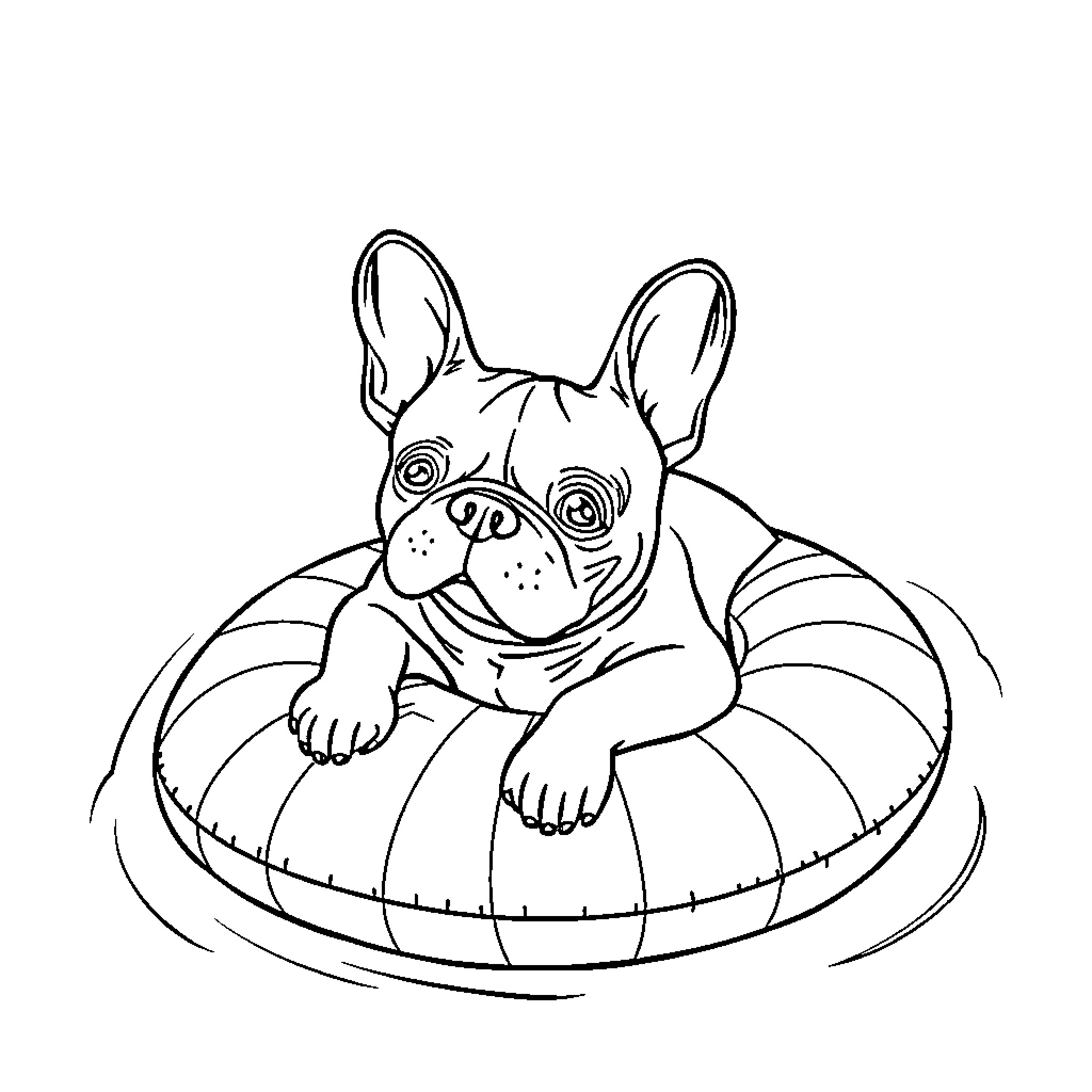 French Bulldog lounging on inflatable ring Coloring Page (free black-and-white line drawing printable PDF for all, from beginners to advanced learners, including children, teens, adults, and seniors)