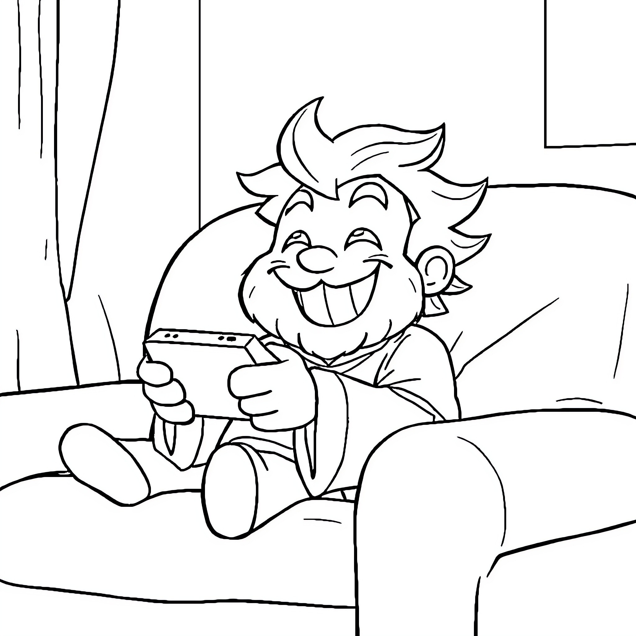 Tanjiro playing a handheld game with a joyful expression Coloring Page (free black-and-white line drawing printable PDF for all, from beginners to advanced learners, including children, teens, adults, and seniors)