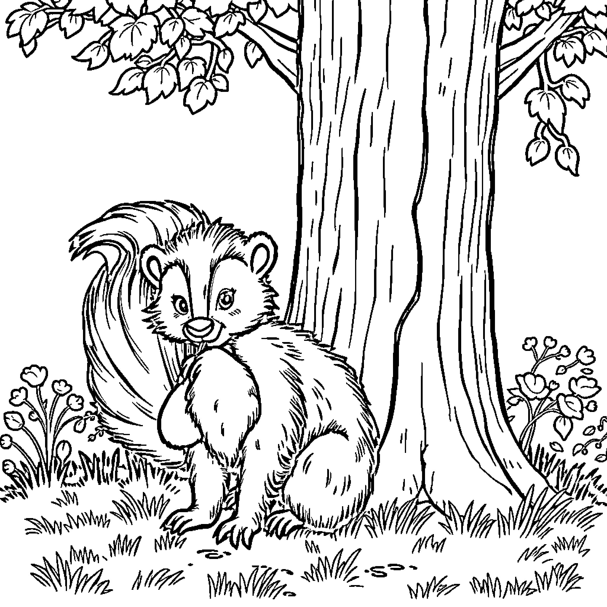 Skunk exploring the forest underbrush Coloring Page (free black-and-white line drawing printable PDF for all, from beginners to advanced learners, including children, teens, adults, and seniors)