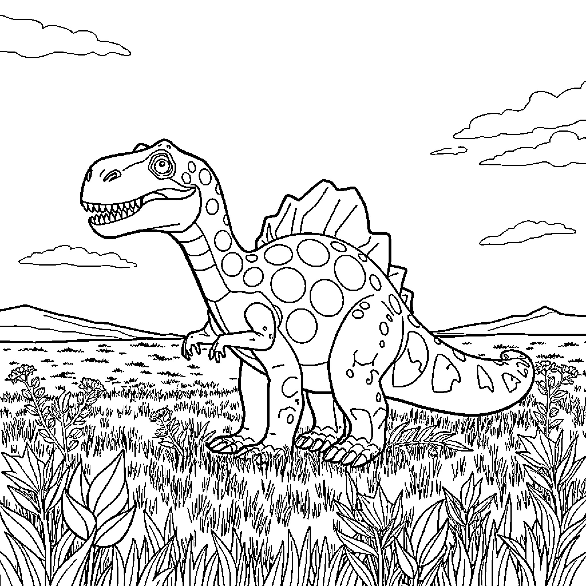 Dinosaur exploring the prehistoric landscape Coloring Page (free black-and-white line drawing printable PDF for all, from beginners to advanced learners, including children, teens, adults, and seniors)