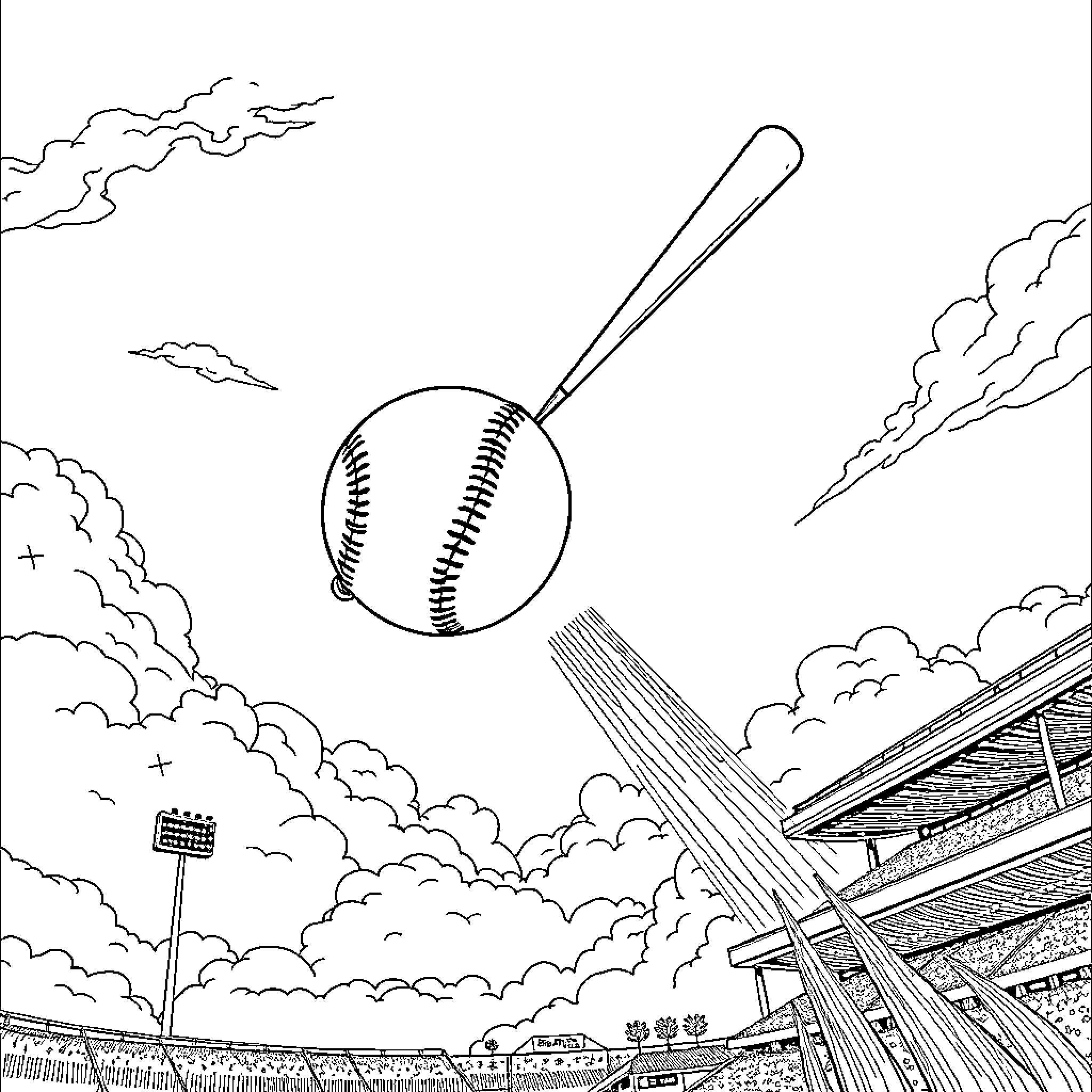 Baseball player launches ball into dynamic stadium Coloring Page (free black-and-white line drawing printable PDF for all, from beginners to advanced learners, including children, teens, adults, and seniors)