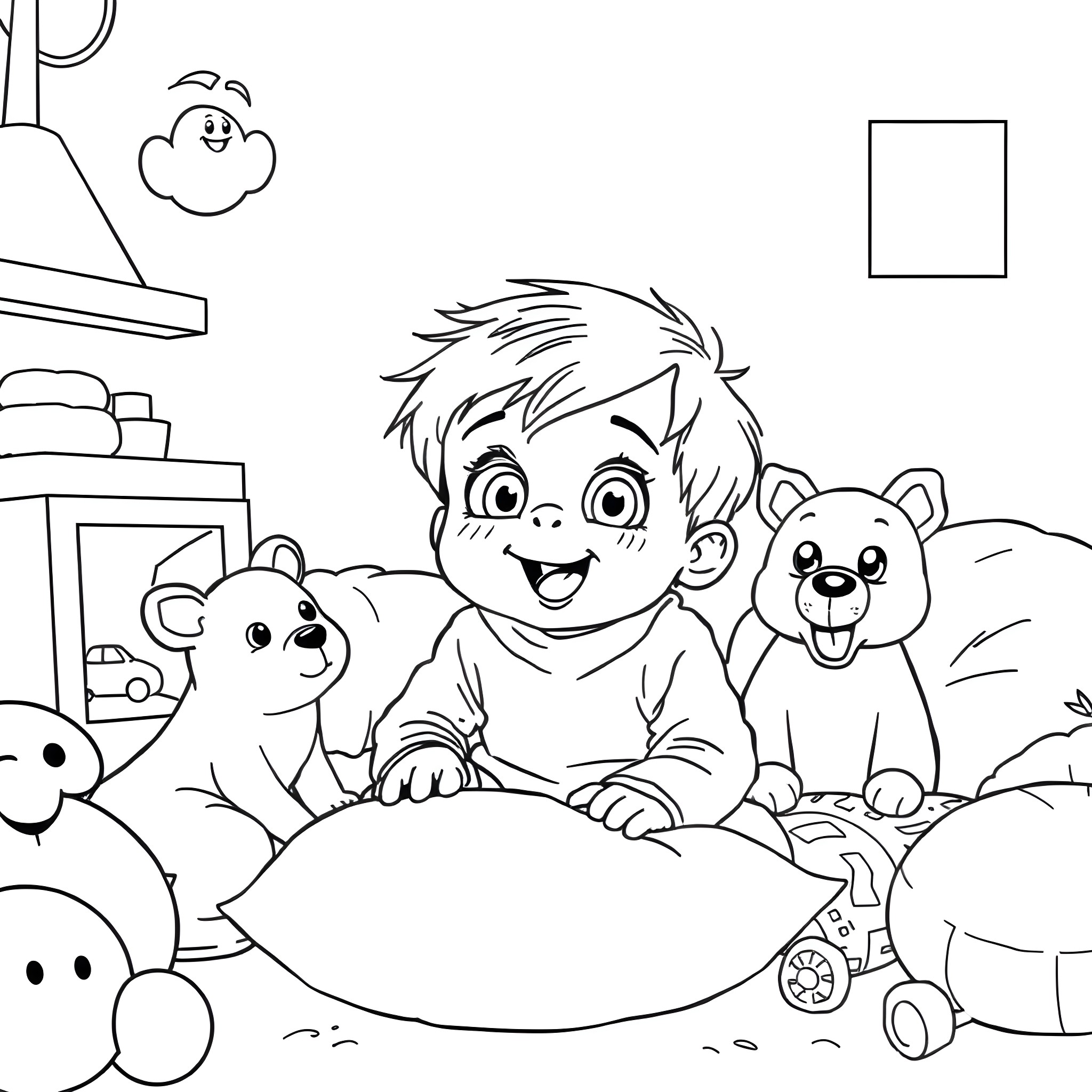 Boy playing joyfully with stuffed animals in the room Coloring Page (free black-and-white line drawing printable PDF for all, from beginners to advanced learners, including children, teens, adults, and seniors)