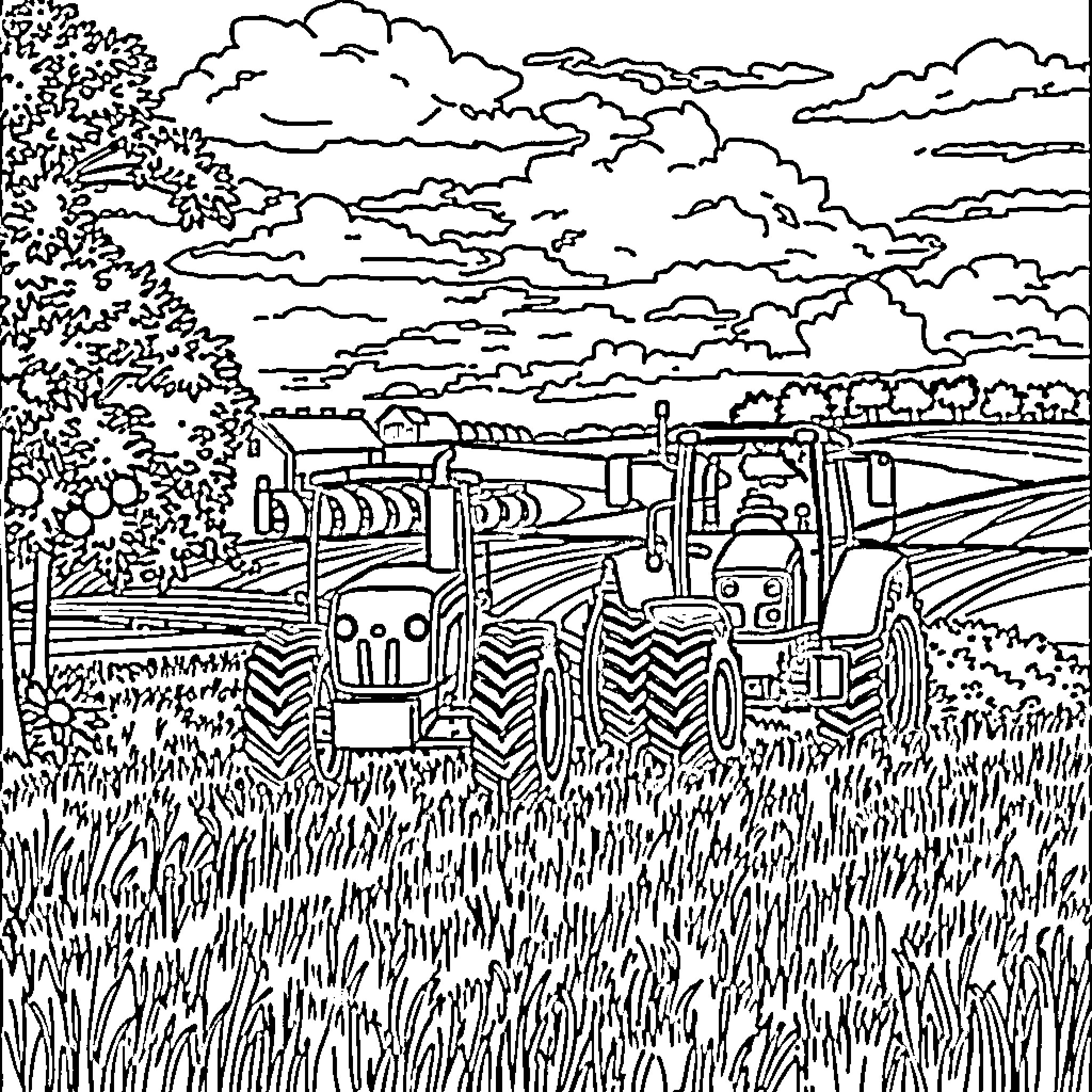 Tractor plowing through a scenic countryside Coloring Page (free black-and-white line drawing printable PDF for all, from beginners to advanced learners, including children, teens, adults, and seniors)