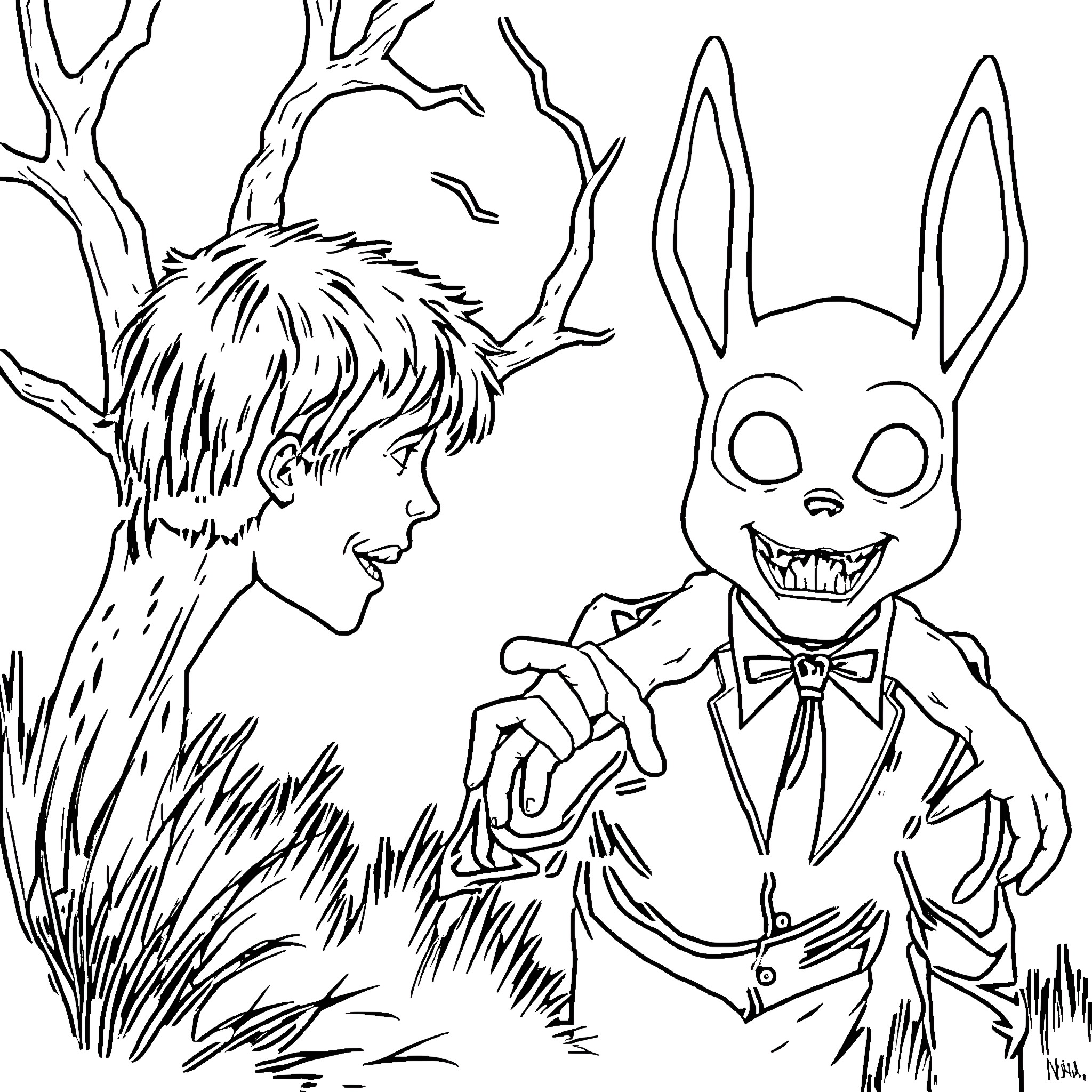 Donnie Darko Encounters a Mischievous Rabbit Figurine Coloring Page (free black-and-white line drawing printable PDF for all, from beginners to advanced learners, including children, teens, adults, and seniors)