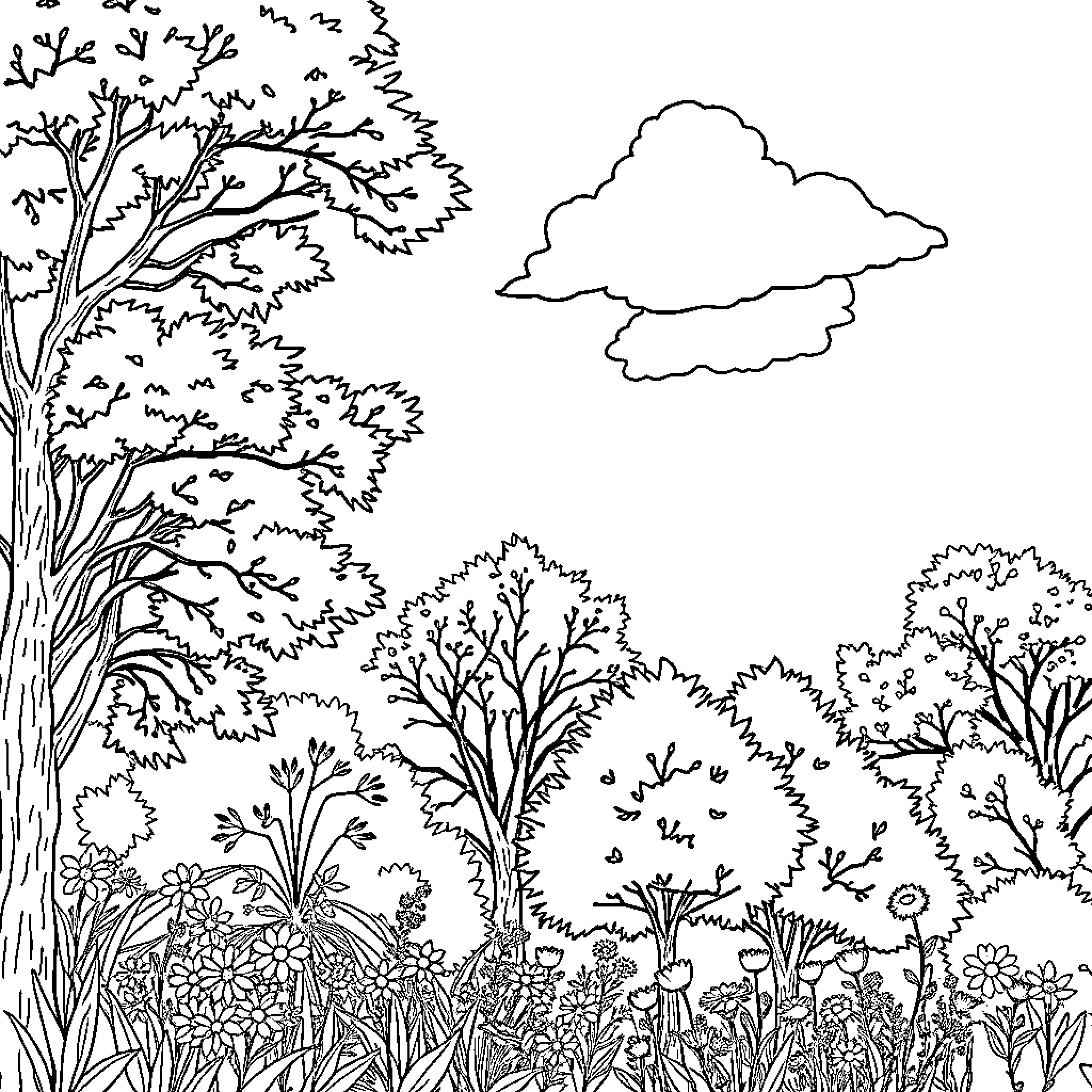 Nature's Enchanting Landscape: Trees, Foliage, and a Cloudy Sky Coloring Page (free black-and-white line drawing printable PDF for all, from beginners to advanced learners, including children, teens, adults, and seniors)