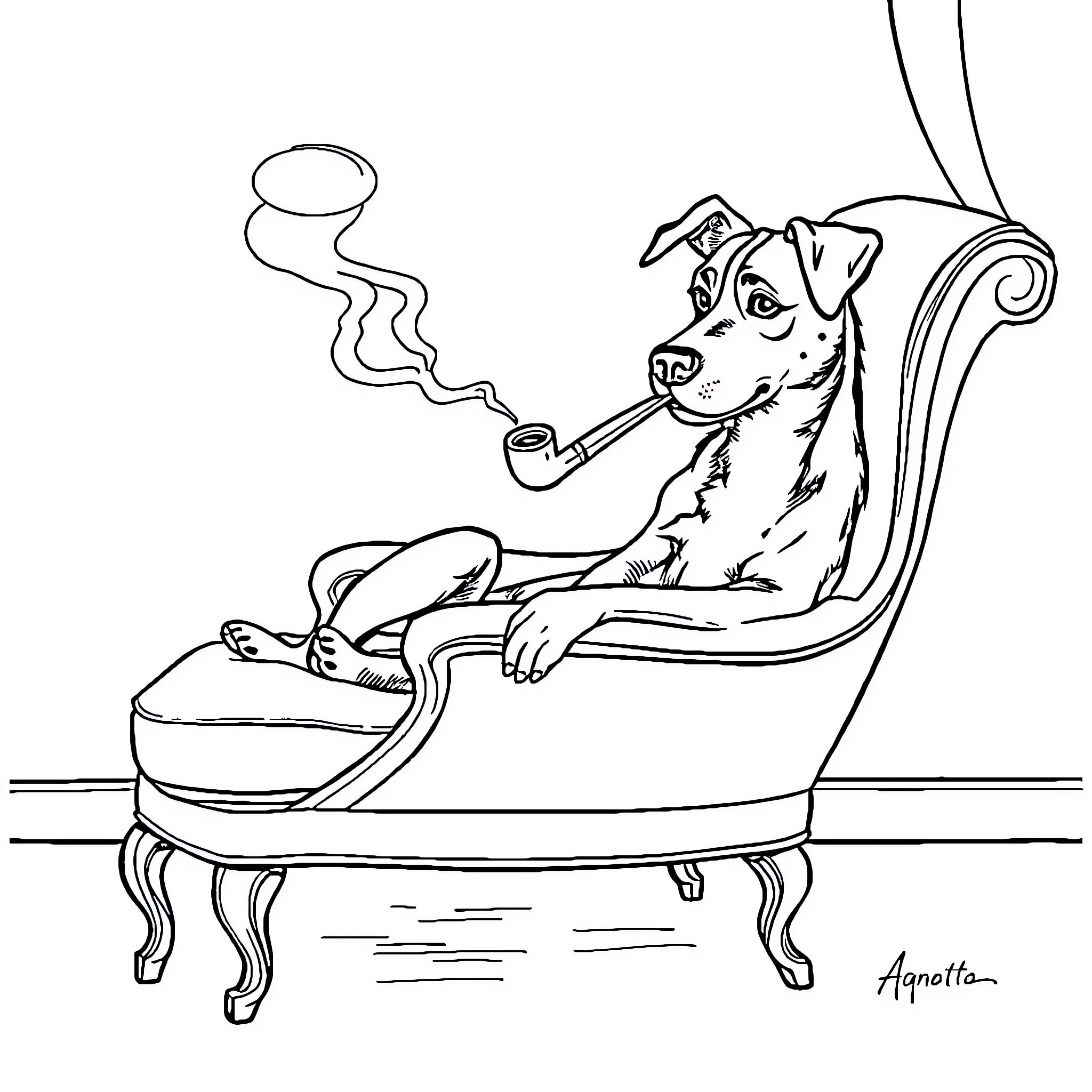 Dog relaxing in a chair while smoking a pipe Coloring Page (free black-and-white line drawing printable PDF for all, from beginners to advanced learners, including children, teens, adults, and seniors)