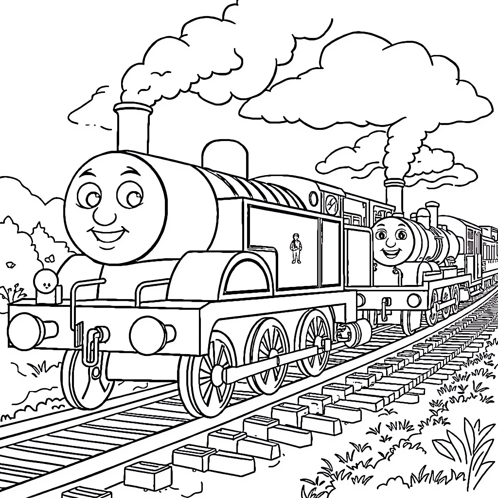 Thomas and the Happy Trains on the Tracks Coloring Page (free black-and-white line drawing printable PDF for all, from beginners to advanced learners, including children, teens, adults, and seniors)