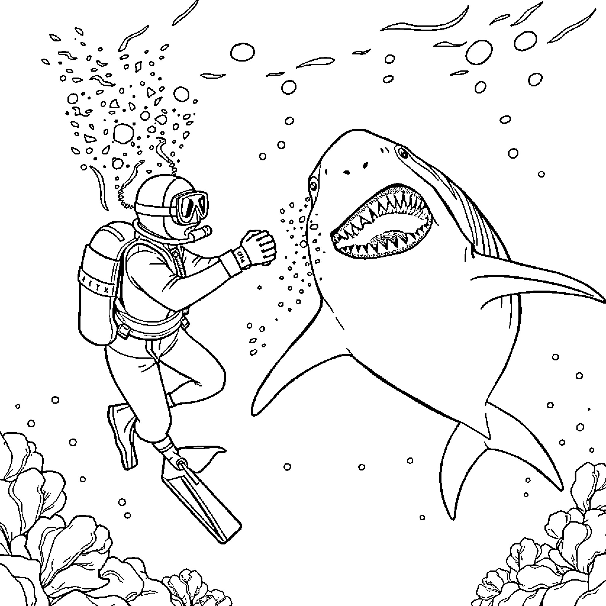 Shark attacking scuba diver underwater Coloring Page (free black-and-white line drawing printable PDF for all, from beginners to advanced learners, including children, teens, adults, and seniors)