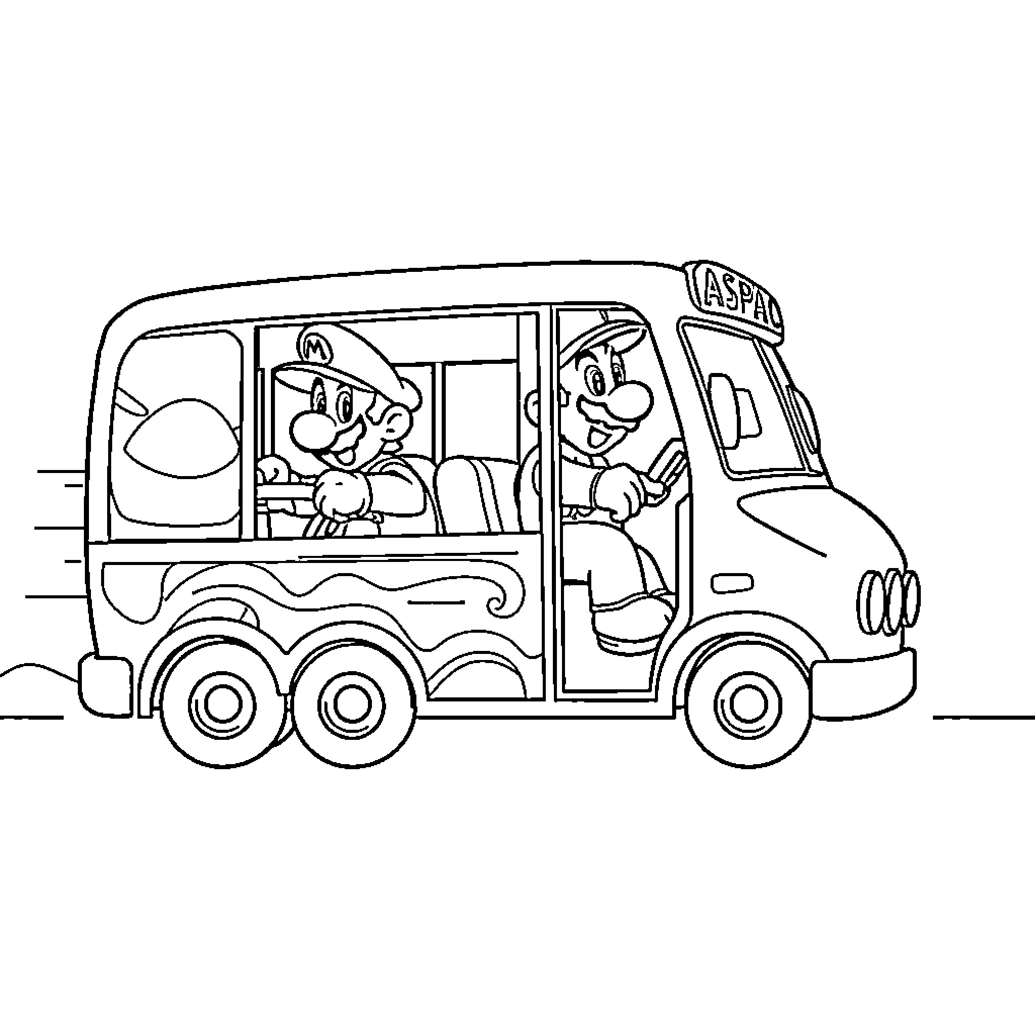 Super Mario Brothers Ride in Garbage Truck Coloring Page (free black-and-white line drawing printable PDF for all, from beginners to advanced learners, including children, teens, adults, and seniors)