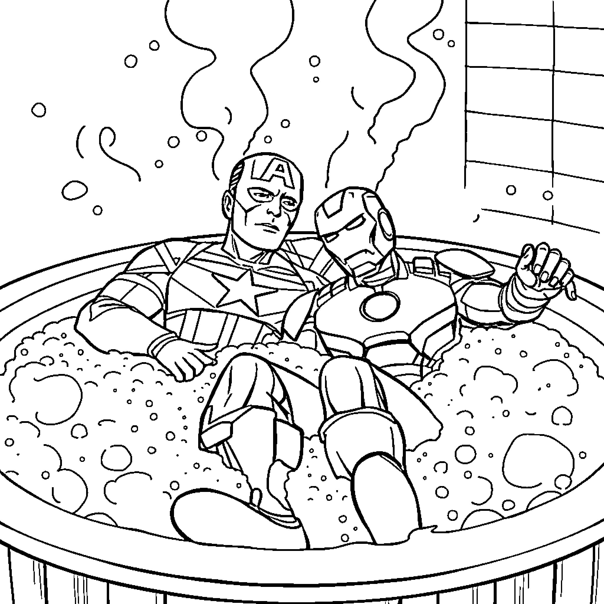 Captain America Relaxes in Steaming Hot Tub Coloring Page (free black-and-white line drawing printable PDF for all, from beginners to advanced learners, including children, teens, adults, and seniors)