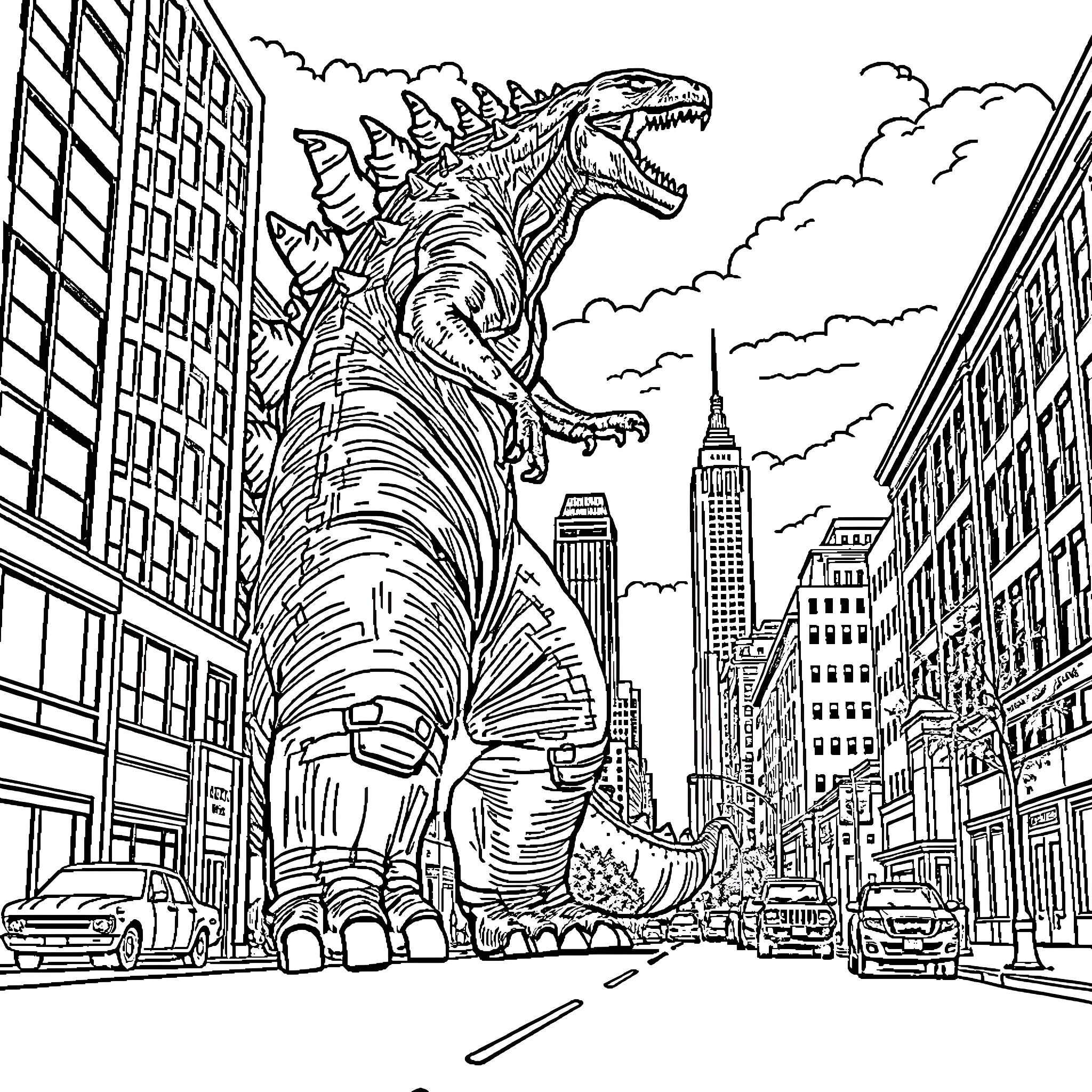 Godzilla rampaging through the city skyline Coloring Page (free black-and-white line drawing printable PDF for all, from beginners to advanced learners, including children, teens, adults, and seniors)