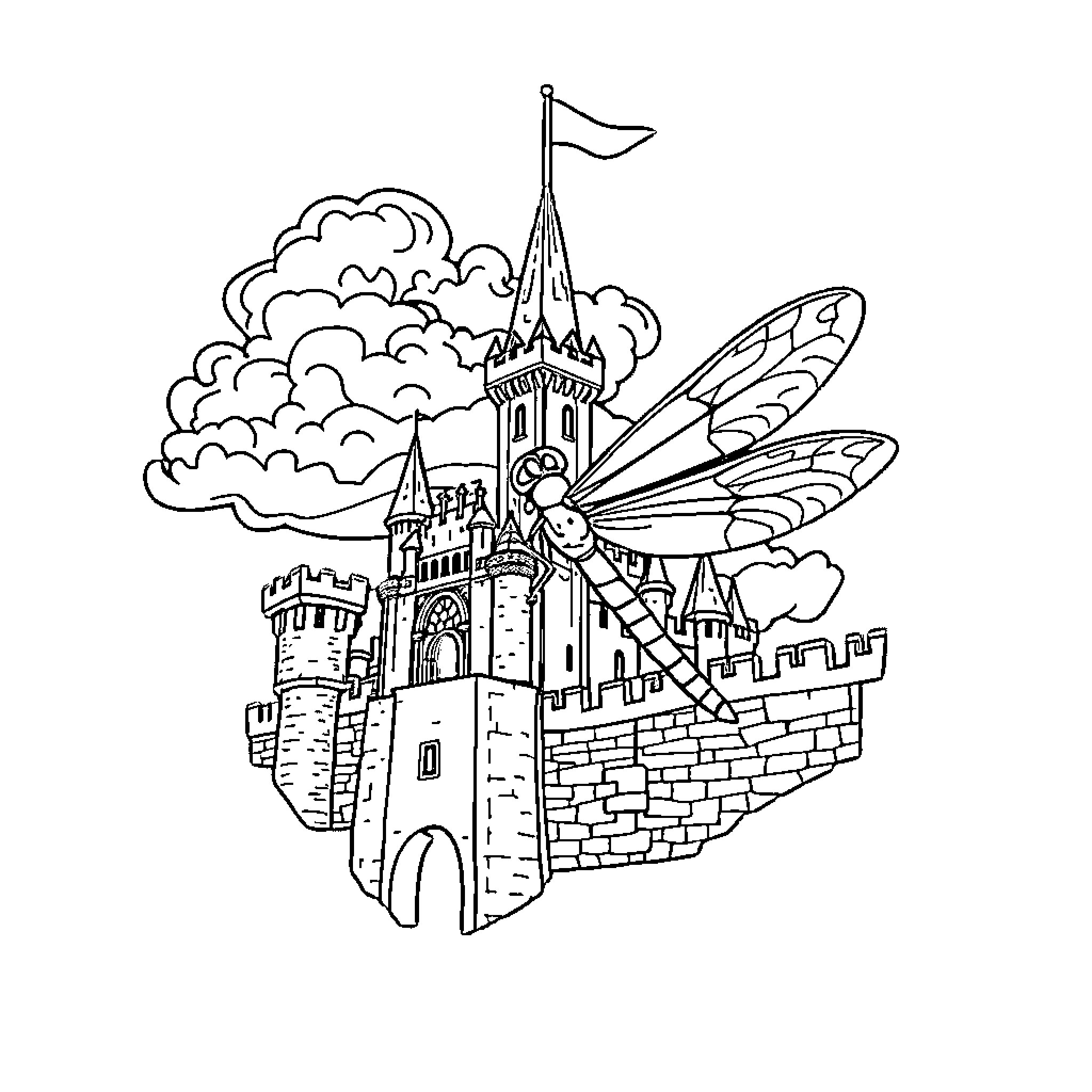 Dragonfly flying over a medieval castle Coloring Page (free black-and-white line drawing printable PDF for all, from beginners to advanced learners, including children, teens, adults, and seniors)