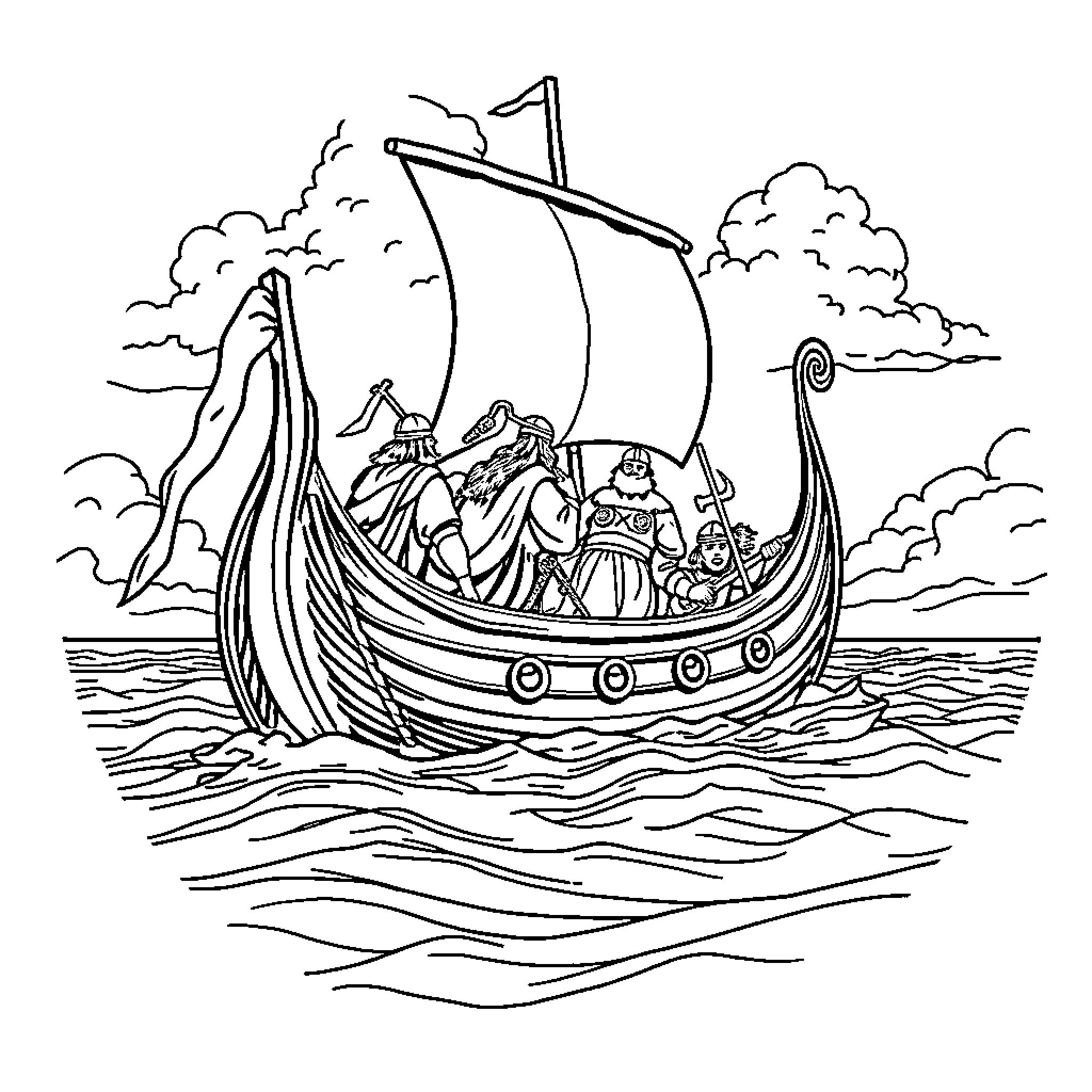 Viking warriors sailing on a longship Coloring Page (free black-and-white line drawing printable PDF for all, from beginners to advanced learners, including children, teens, adults, and seniors)