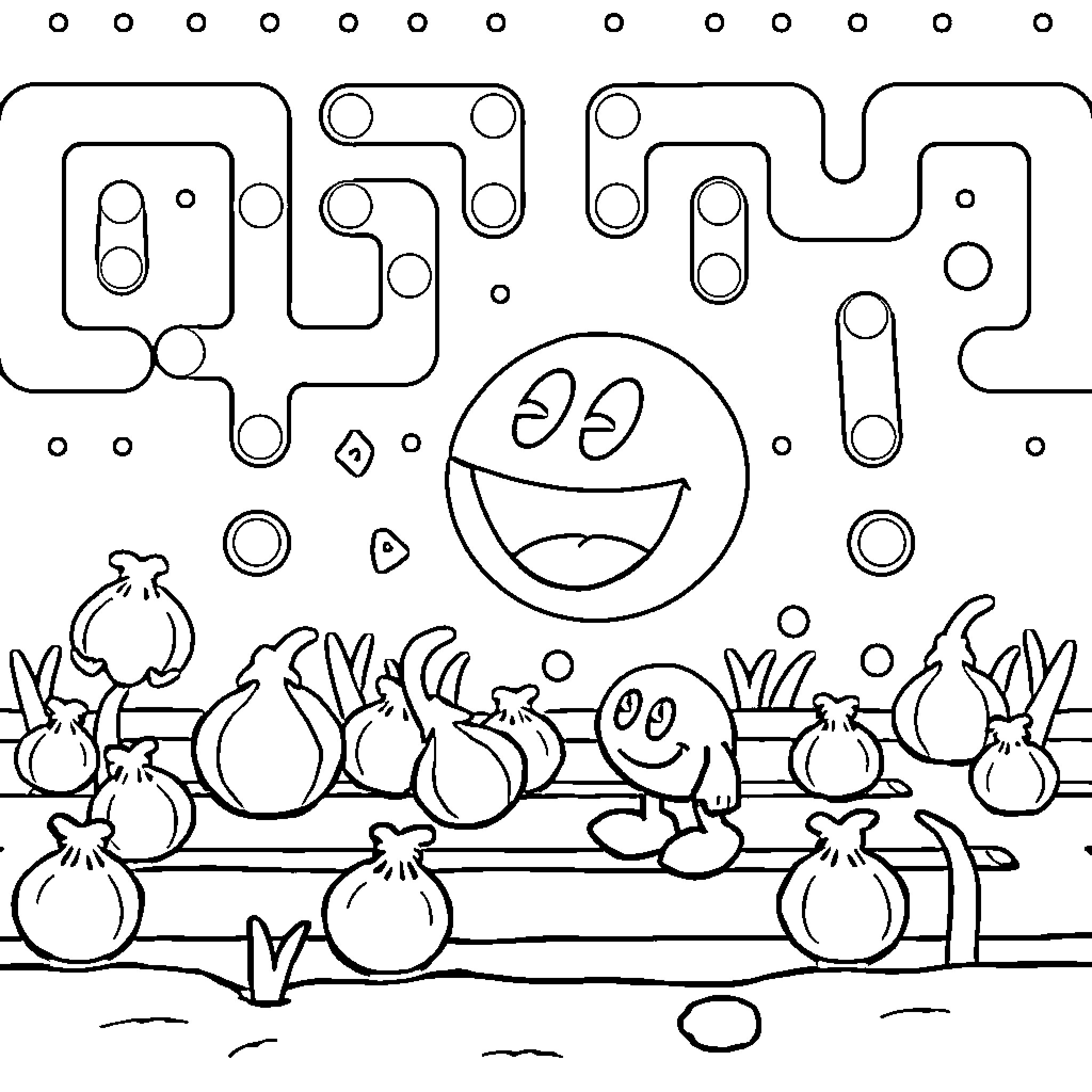 Pacman pursuing joyful characters in a whimsical landscape Coloring Page (free black-and-white line drawing printable PDF for all, from beginners to advanced learners, including children, teens, adults, and seniors)