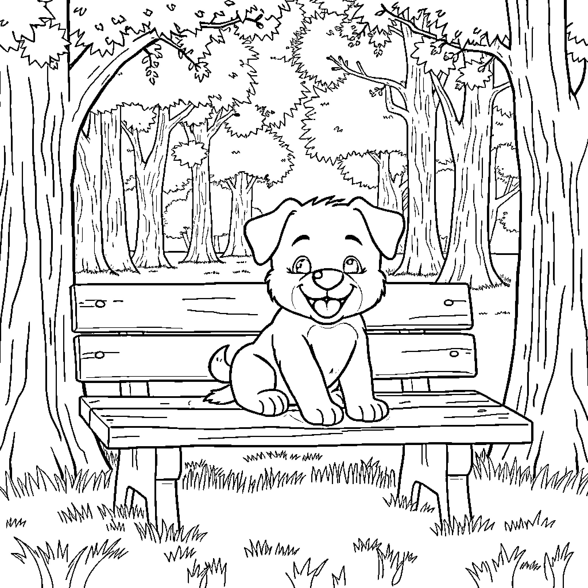 Bluey playing cheerfully on a park bench Coloring Page (free black-and-white line drawing printable PDF for all, from beginners to advanced learners, including children, teens, adults, and seniors)