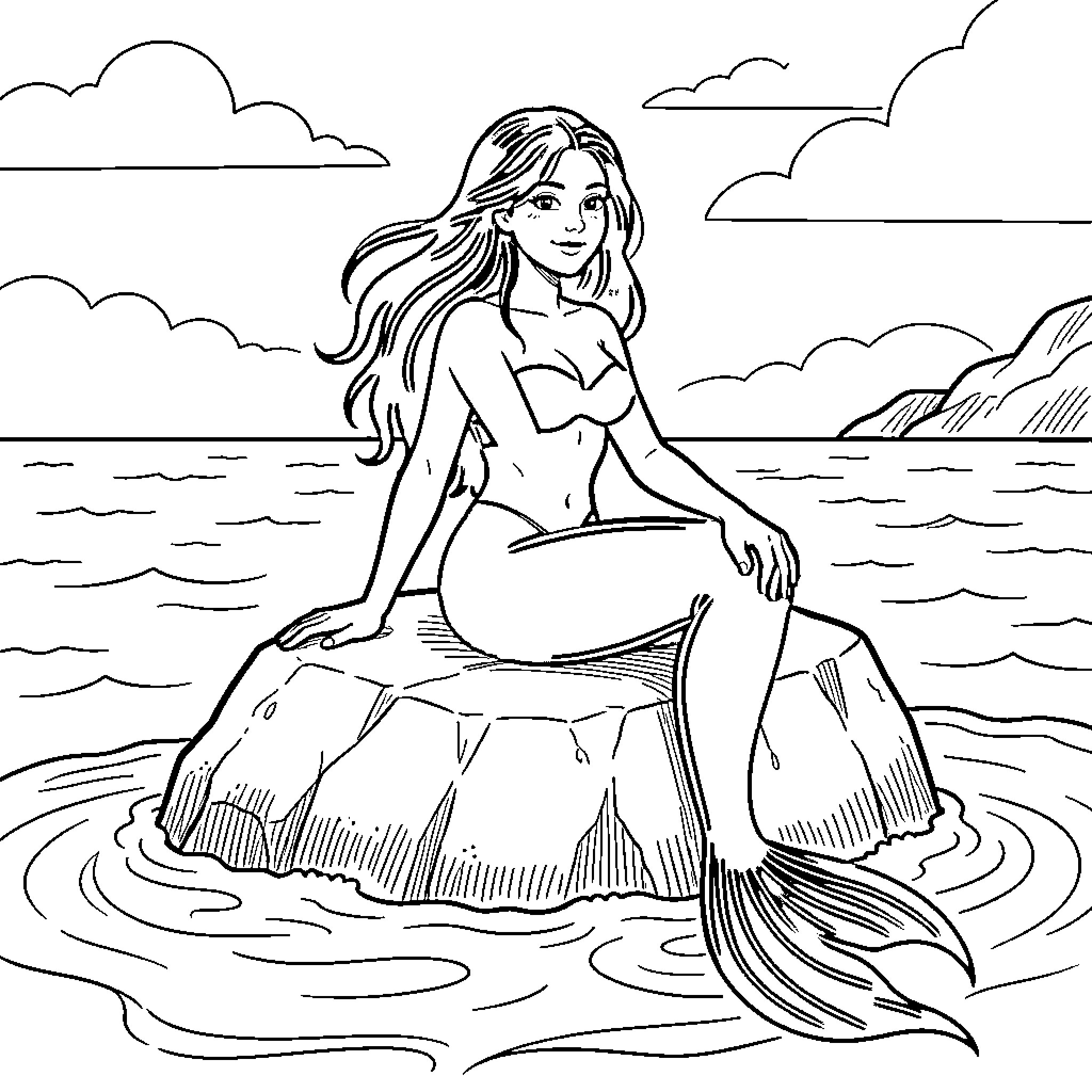 Mermaid sitting gracefully on a rock by the sea Coloring Page (free black-and-white line drawing printable PDF for all, from beginners to advanced learners, including children, teens, adults, and seniors)