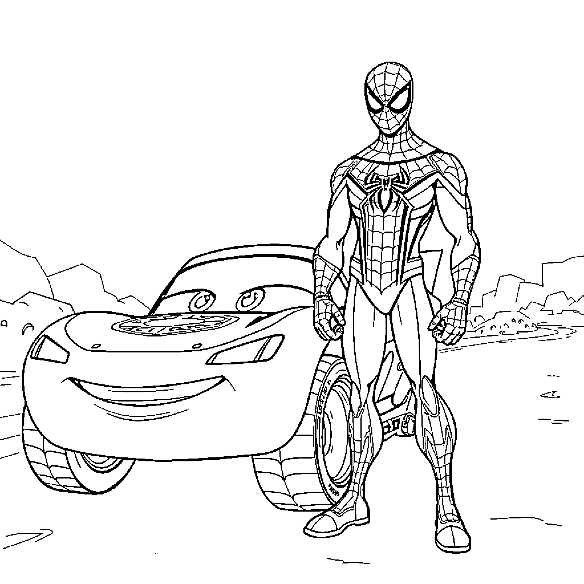 Rayo McQueen and Spider-Man in an Outdoor Adventure Coloring Page (free black-and-white line drawing printable PDF for all, from beginners to advanced learners, including children, teens, adults, and seniors)