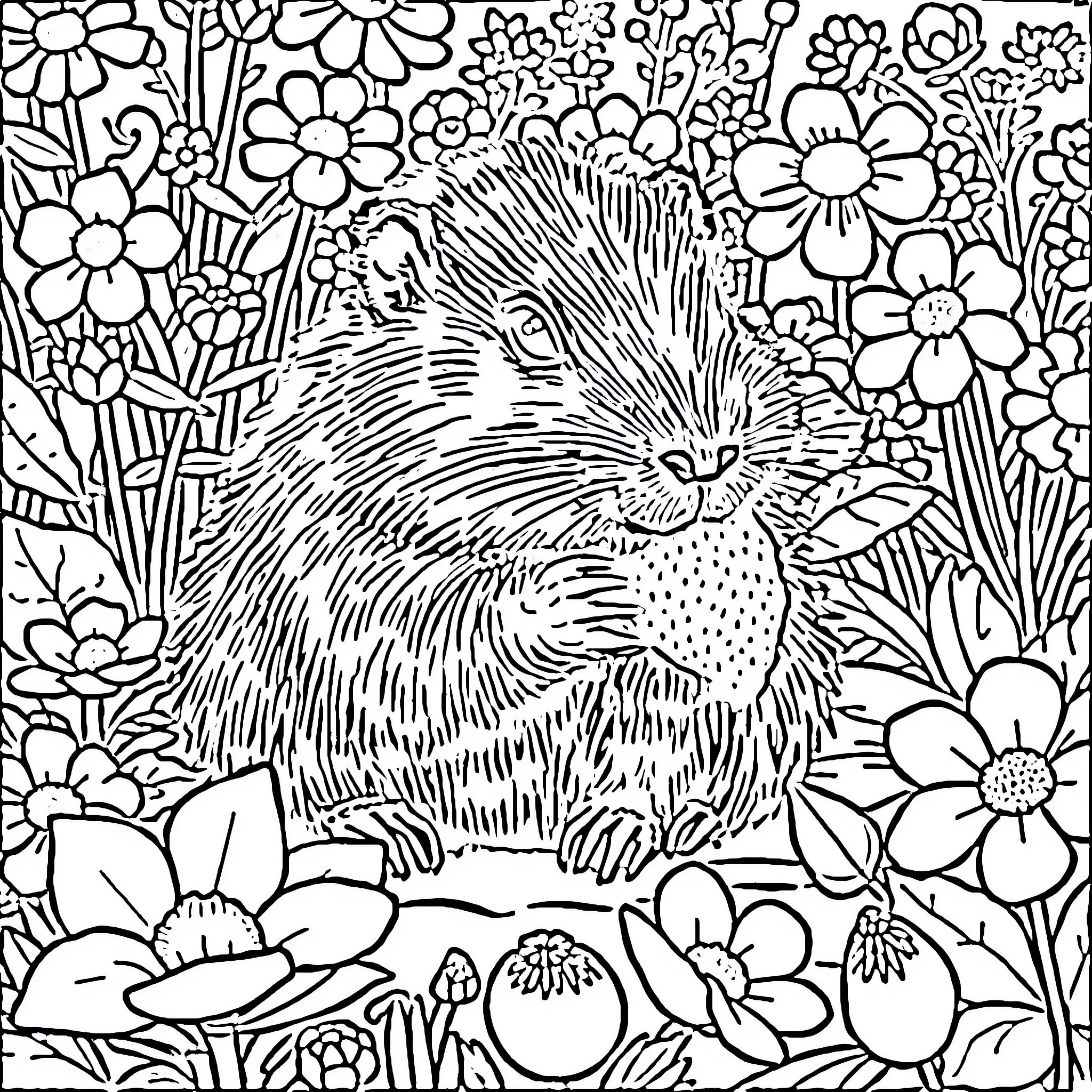 Capybara enjoying a floral garden Coloring Page (free black-and-white line drawing printable PDF for all, from beginners to advanced learners, including children, teens, adults, and seniors)