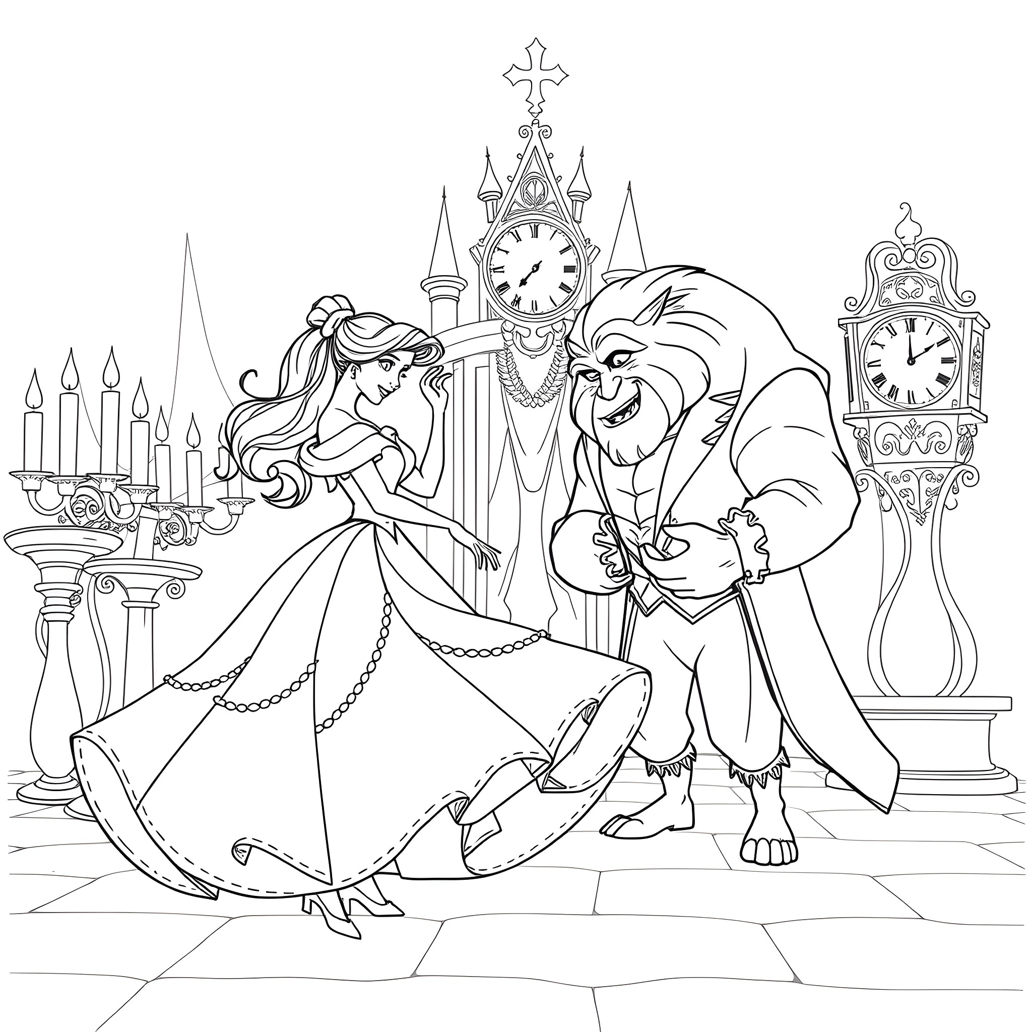 Beauty And The Beast Dancing In A Lavish Castle Coloring Page (free black-and-white line drawing printable PDF for all, from beginners to advanced learners, including children, teens, adults, and seniors)