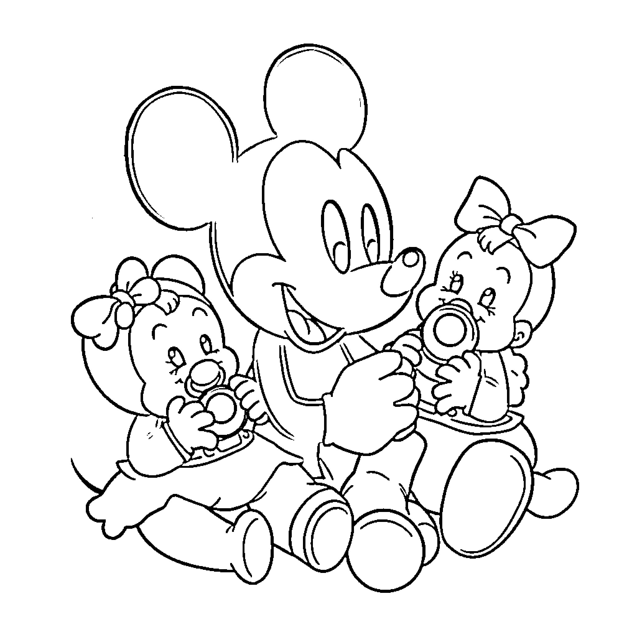 Mickey Mouse and Friends Sitting Together Coloring Page (free black-and-white line drawing printable PDF for all, from beginners to advanced learners, including children, teens, adults, and seniors)