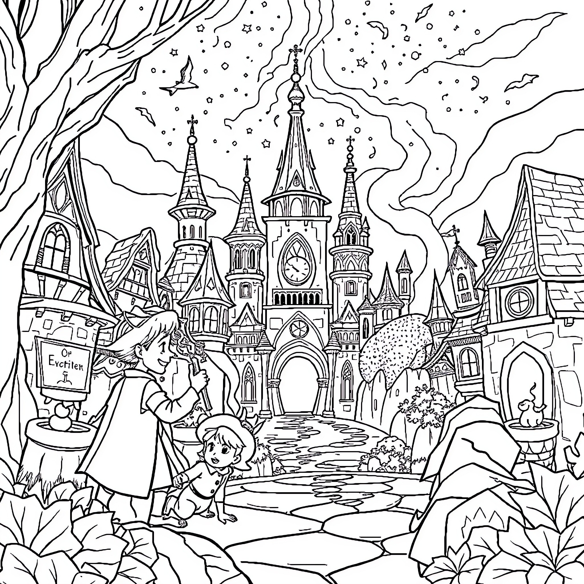 Arcane Fantasy Castle Town and its Whimsical Inhabitants Coloring Page (free black-and-white line drawing printable PDF for all, from beginners to advanced learners, including children, teens, adults, and seniors)