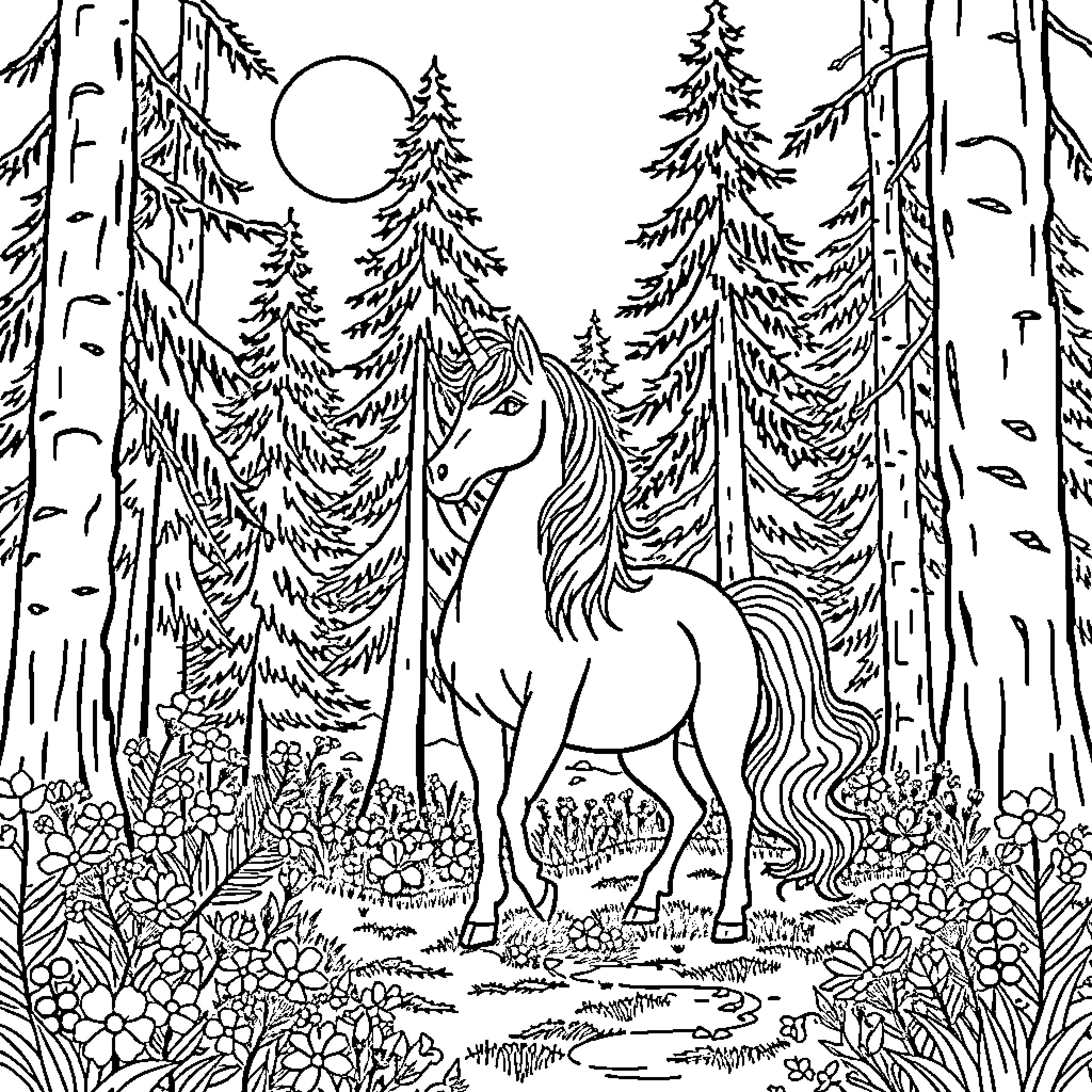 Unicorn gracefully wandering in the enchanted forest Coloring Page (free black-and-white line drawing printable PDF for all, from beginners to advanced learners, including children, teens, adults, and seniors)