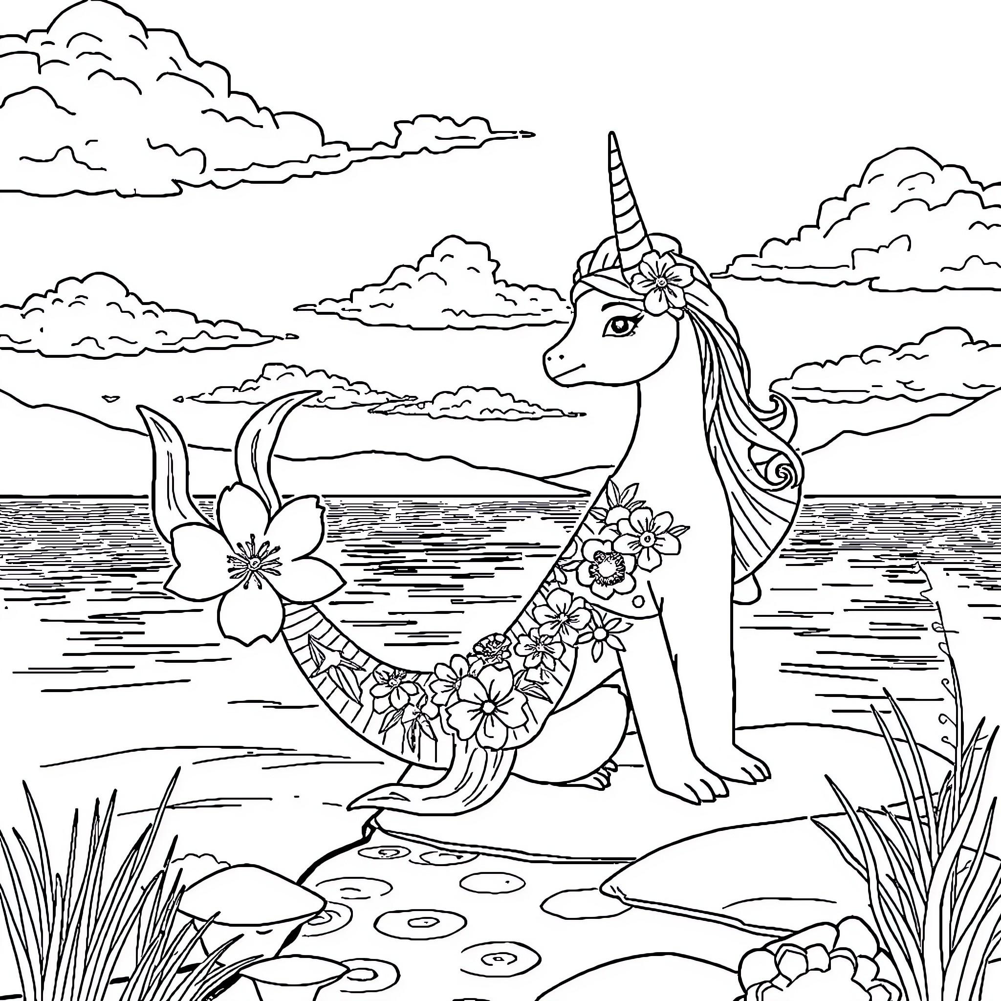 Unicorn relaxing in a serene landscape Coloring Page (free black-and-white line drawing printable PDF for all, from beginners to advanced learners, including children, teens, adults, and seniors)