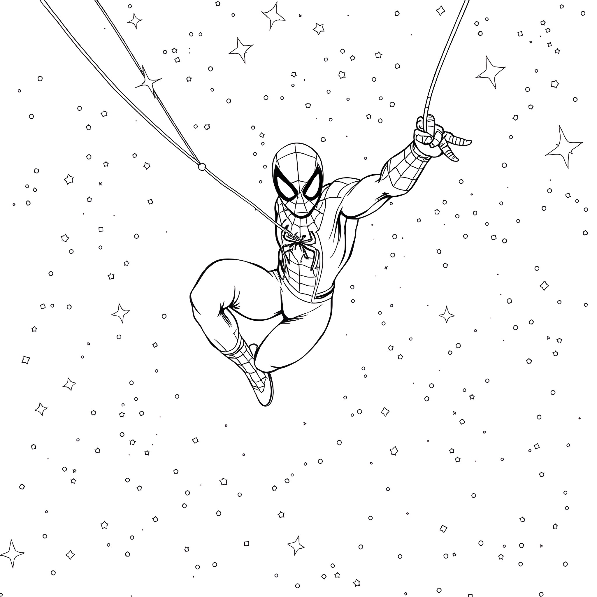 Spiderman swinging through the starry night sky Coloring Page (free black-and-white line drawing printable PDF for all, from beginners to advanced learners, including children, teens, adults, and seniors)