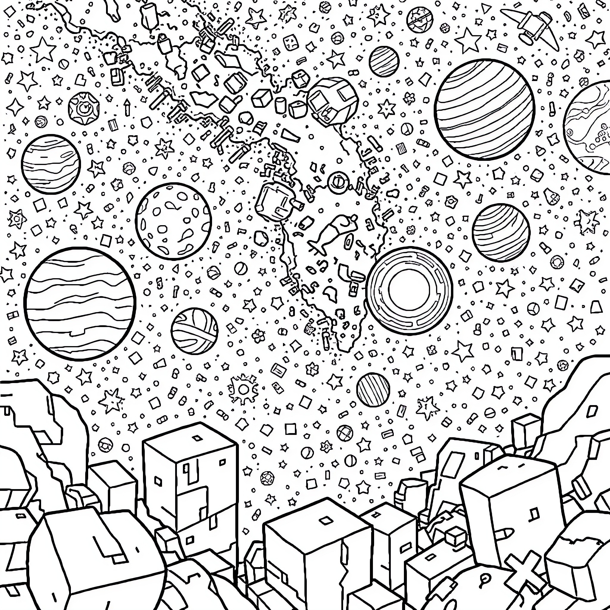 Minecraft Cosmic Adventure with Planets and Galaxies Coloring Page (free black-and-white line drawing printable PDF for all, from beginners to advanced learners, including children, teens, adults, and seniors)