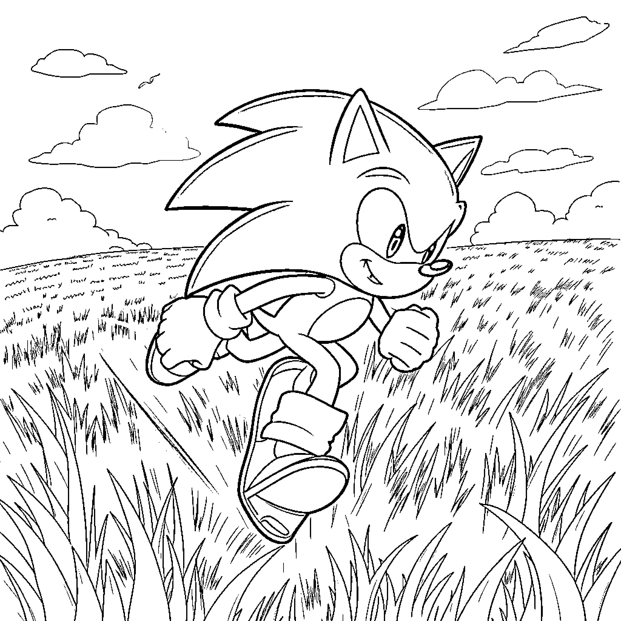 Sonic speeding through a grassy field Coloring Page (free black-and-white line drawing printable PDF for all, from beginners to advanced learners, including children, teens, adults, and seniors)