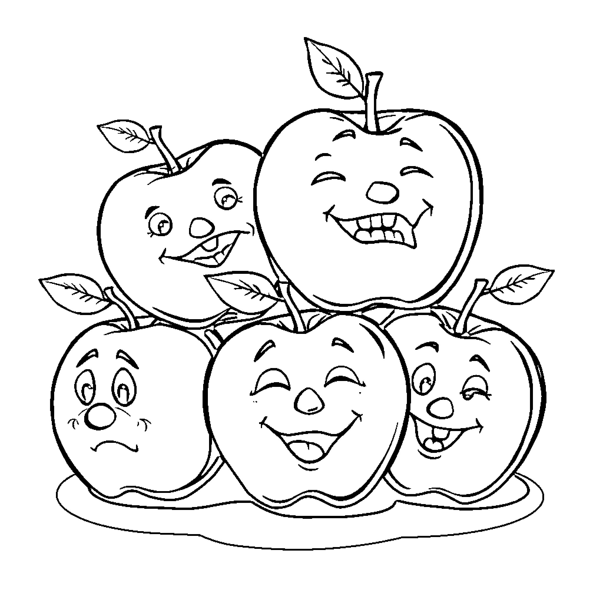 Apple-shaped characters with happy expressions Coloring Page (free black-and-white line drawing printable PDF for all, from beginners to advanced learners, including children, teens, adults, and seniors)