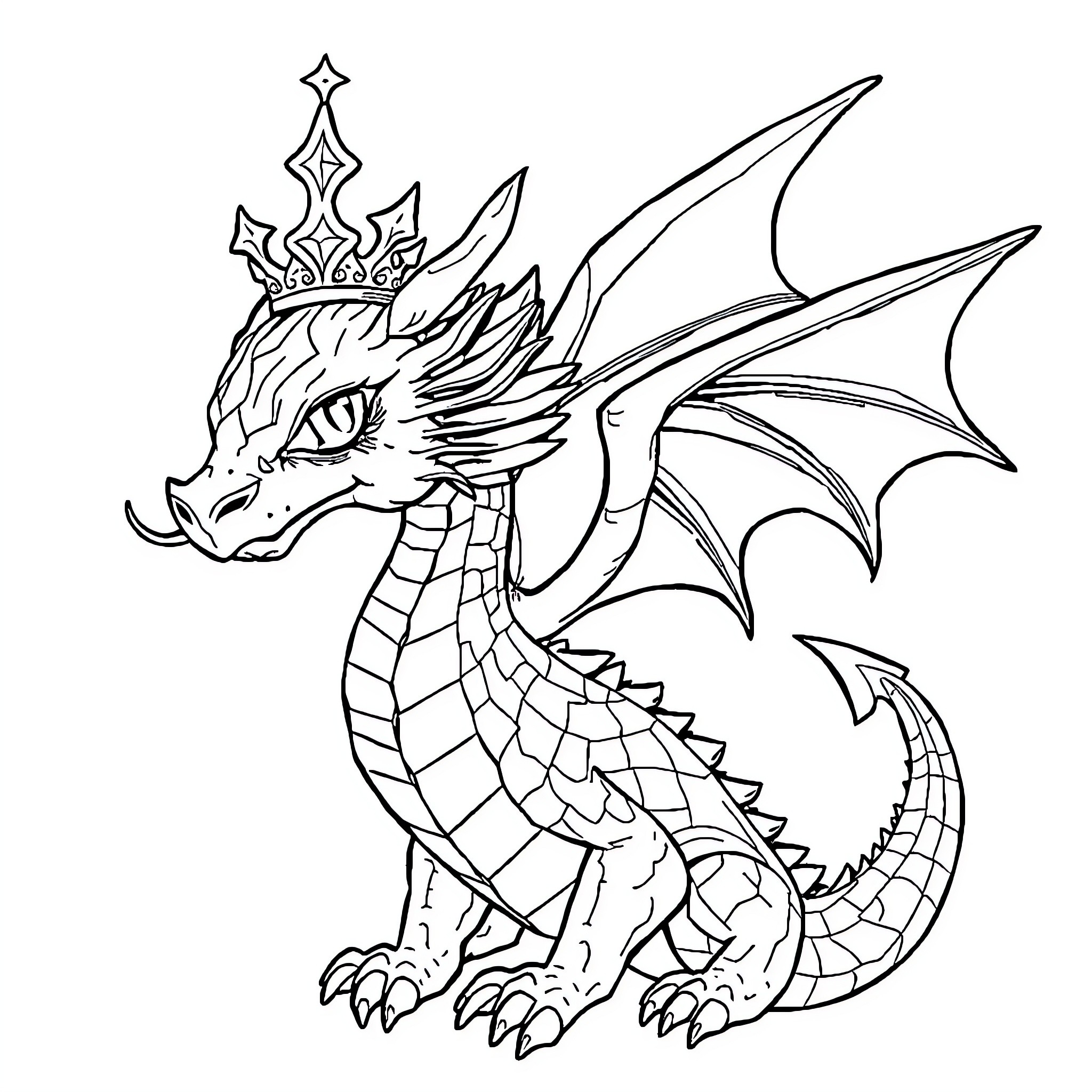 Dragon with Regal Crown and Fierce Expression Coloring Page (free black-and-white line drawing printable PDF for all, from beginners to advanced learners, including children, teens, adults, and seniors)