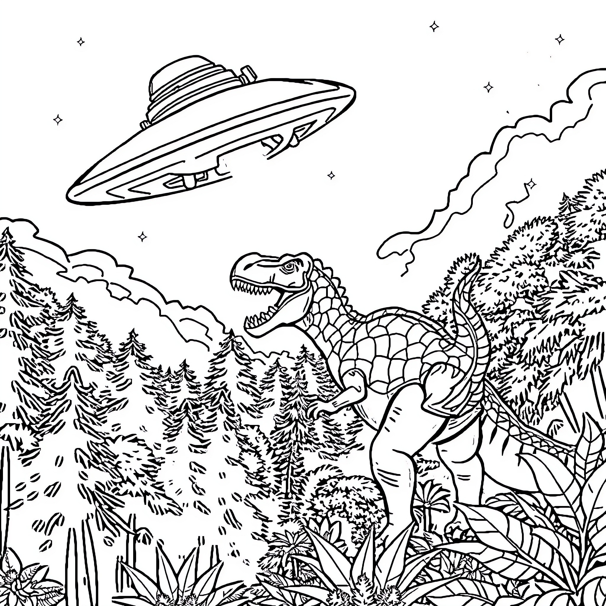 Spaceship hovering over prehistoric forest with dinosaur Coloring Page (free black-and-white line drawing printable PDF for all, from beginners to advanced learners, including children, teens, adults, and seniors)